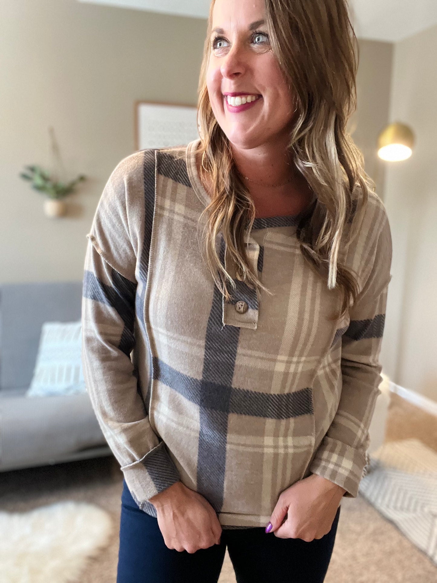 Plaid button front top