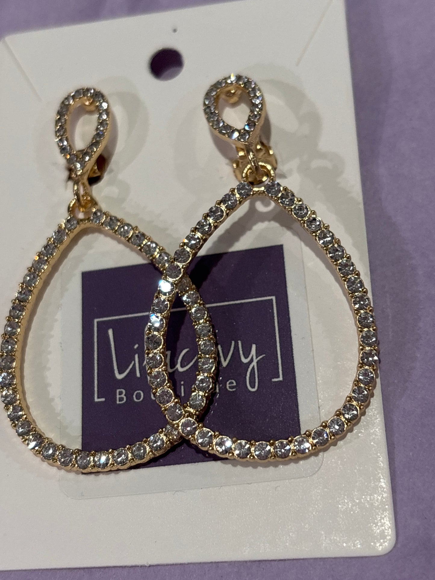 Rhinestone oval drop earrings, clip on