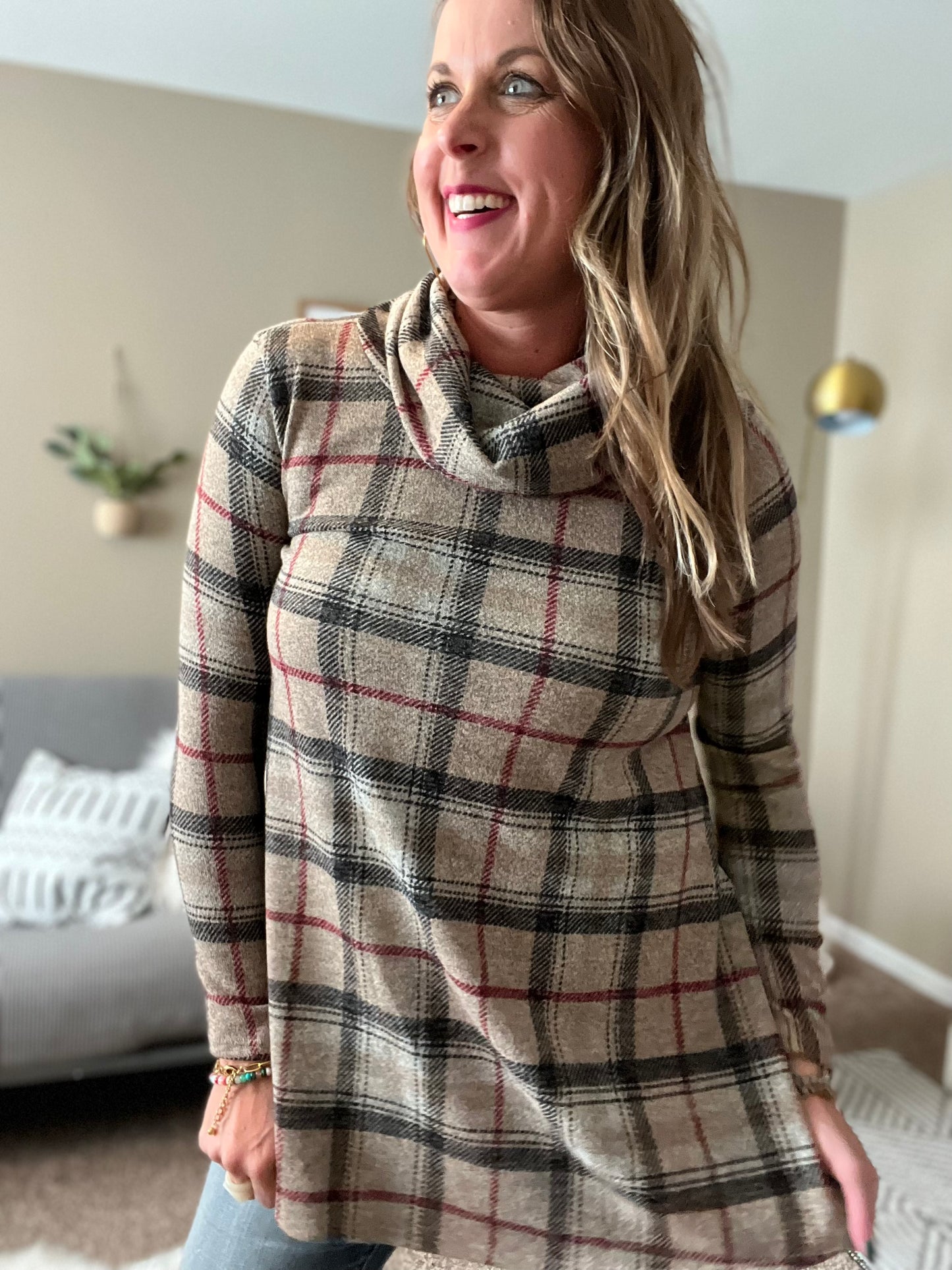 Plaid cowl neck tunic