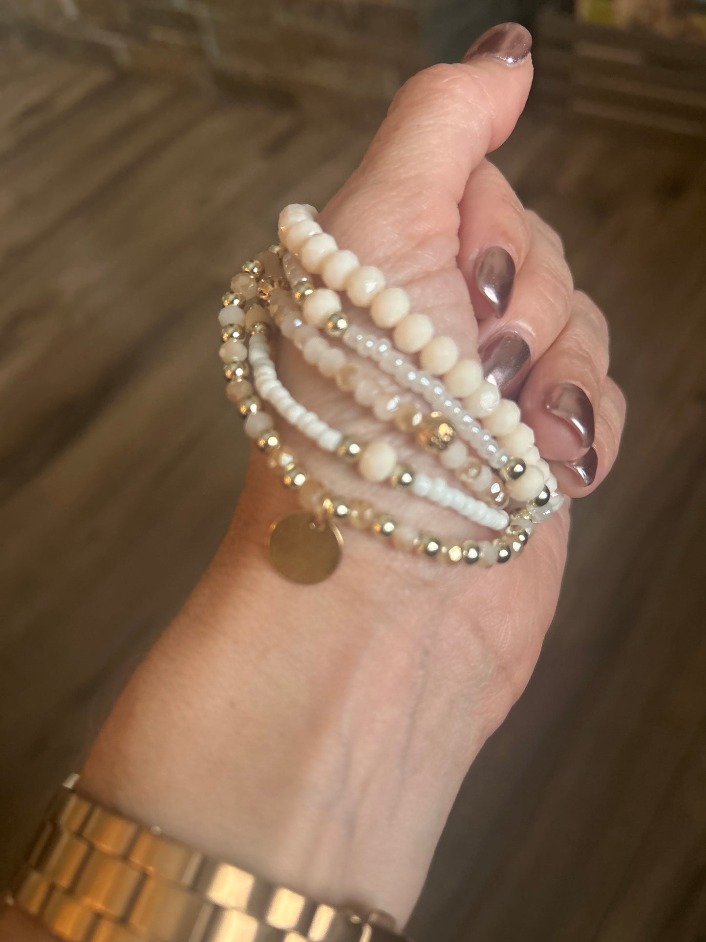 5 Piece White/Blush Bracelets with Charm