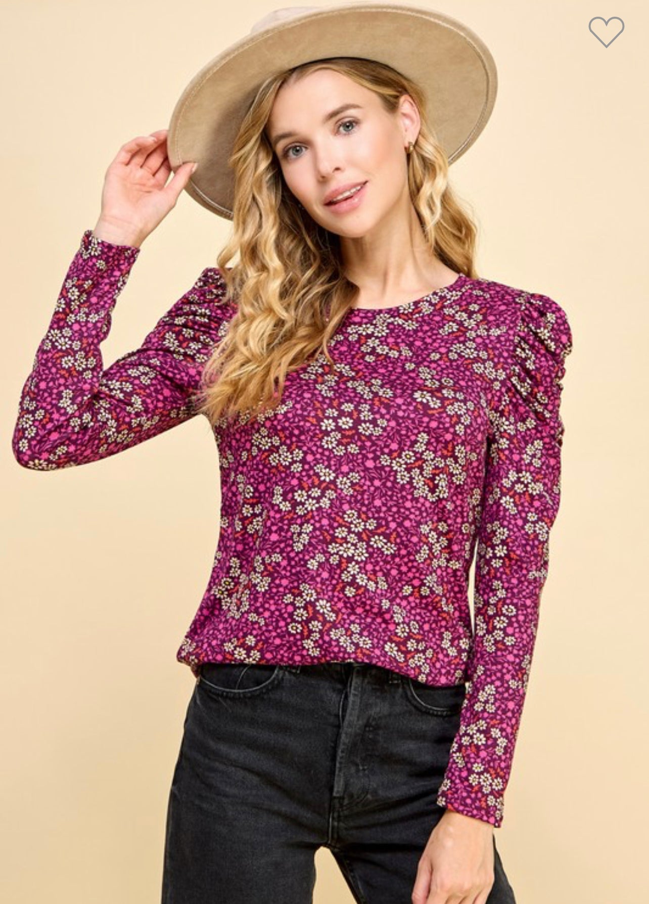 Long puff sleeve print top black/purple