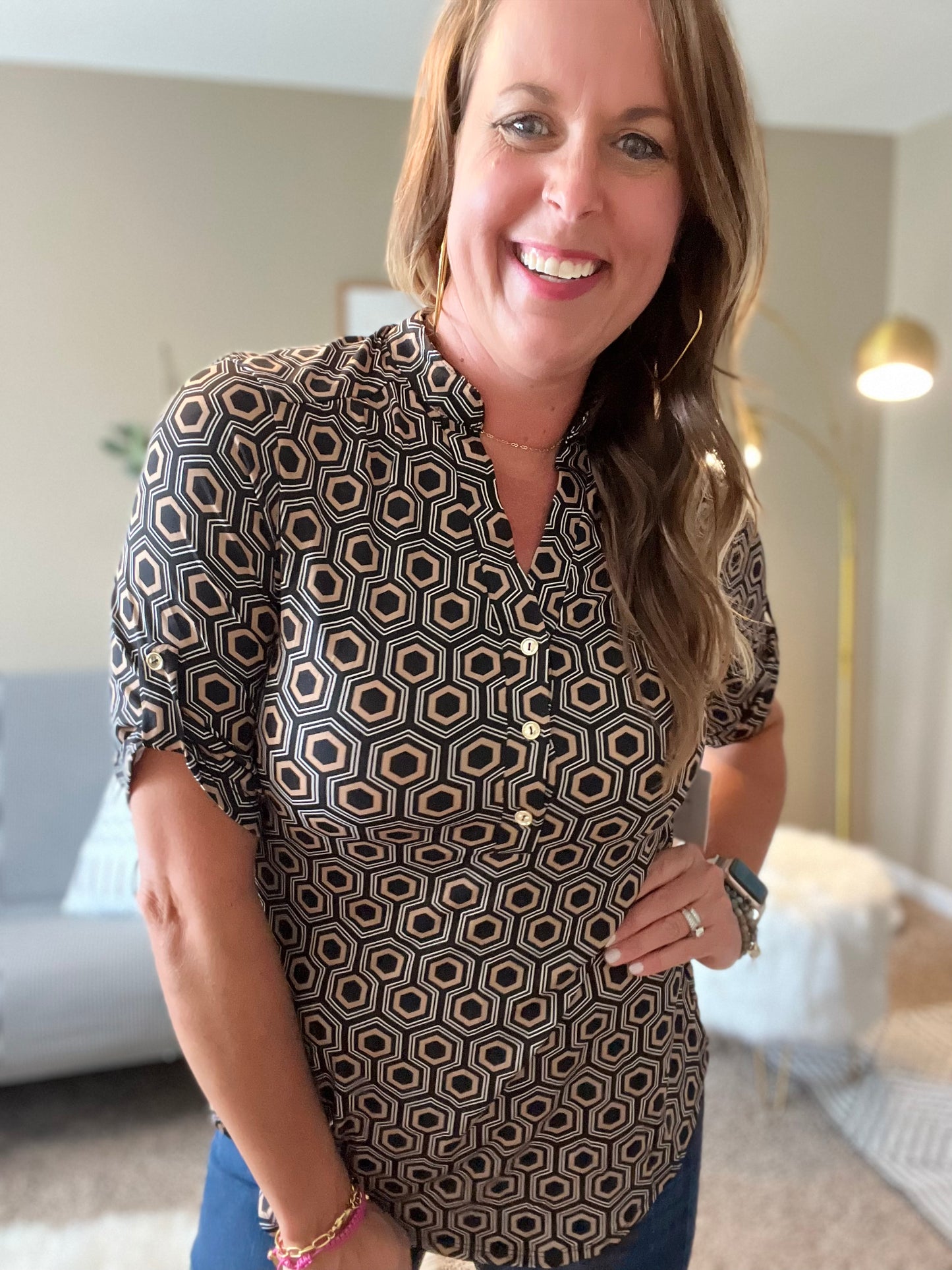 Printed collar button placket short sleeve top - multiple colors