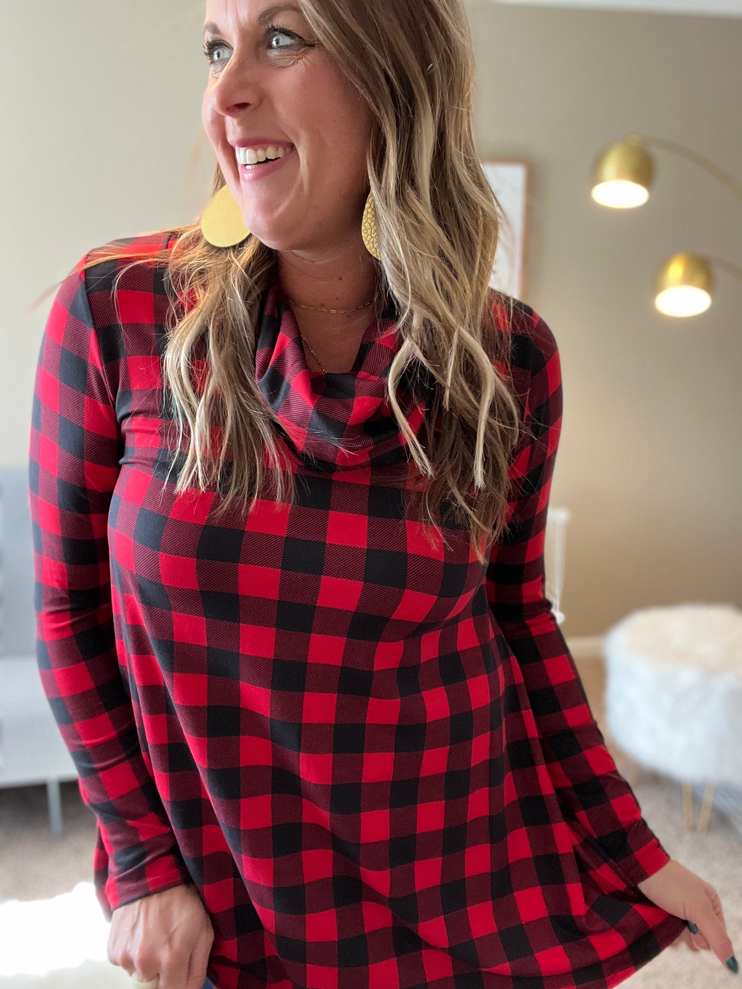 Red check cowl neck tunic