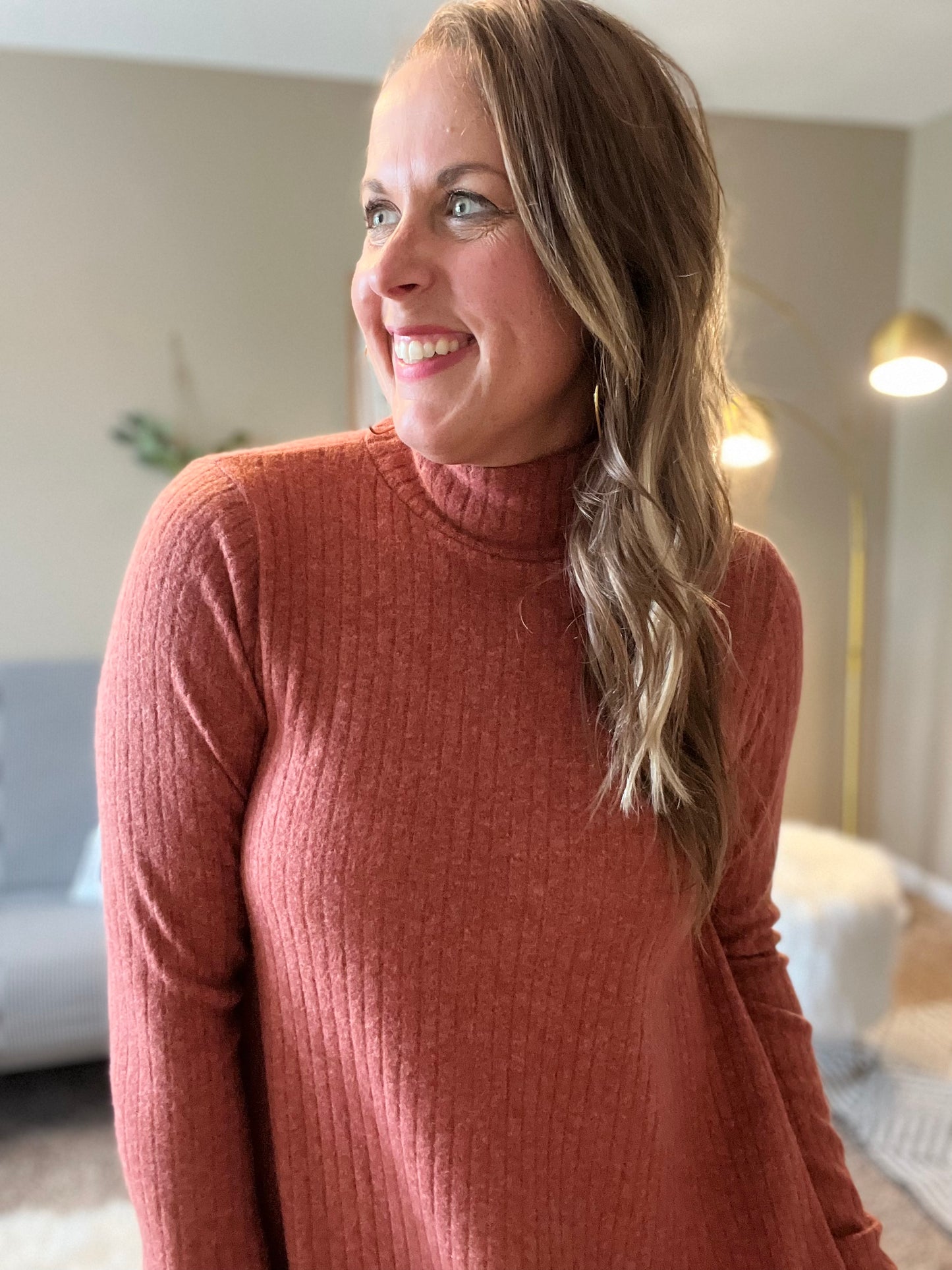 Solid ribbed brushed sweater dress - rust