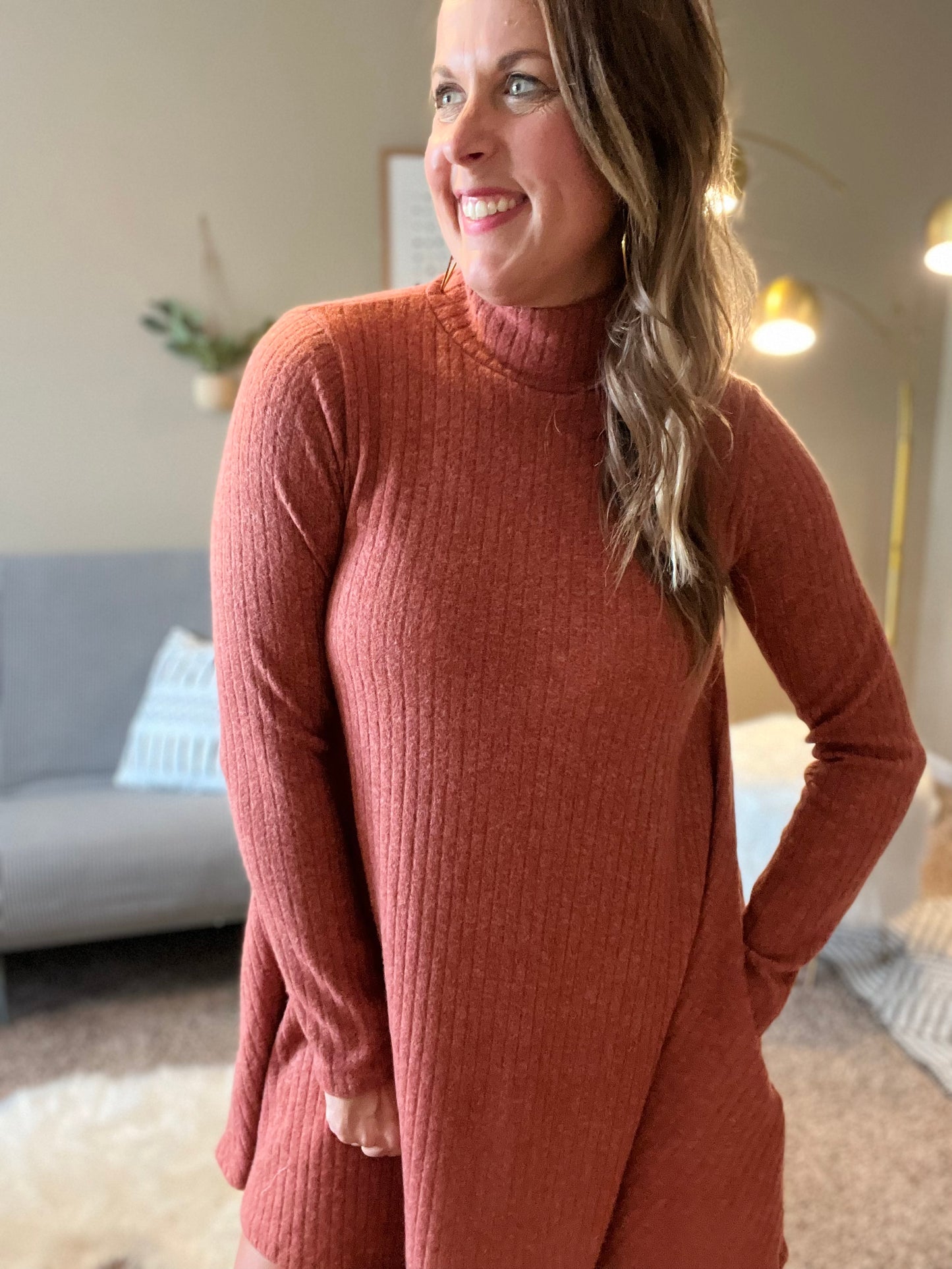 Solid ribbed brushed sweater dress - rust
