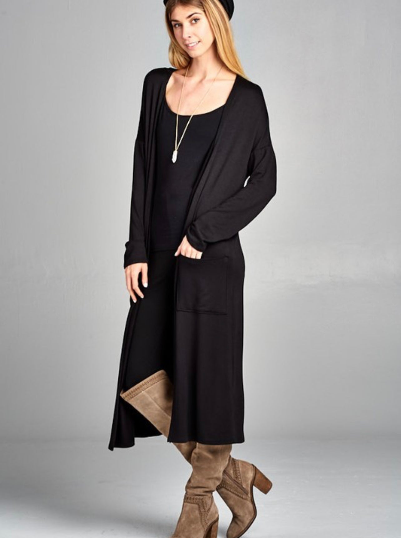 Long french terry duster cardigan - black