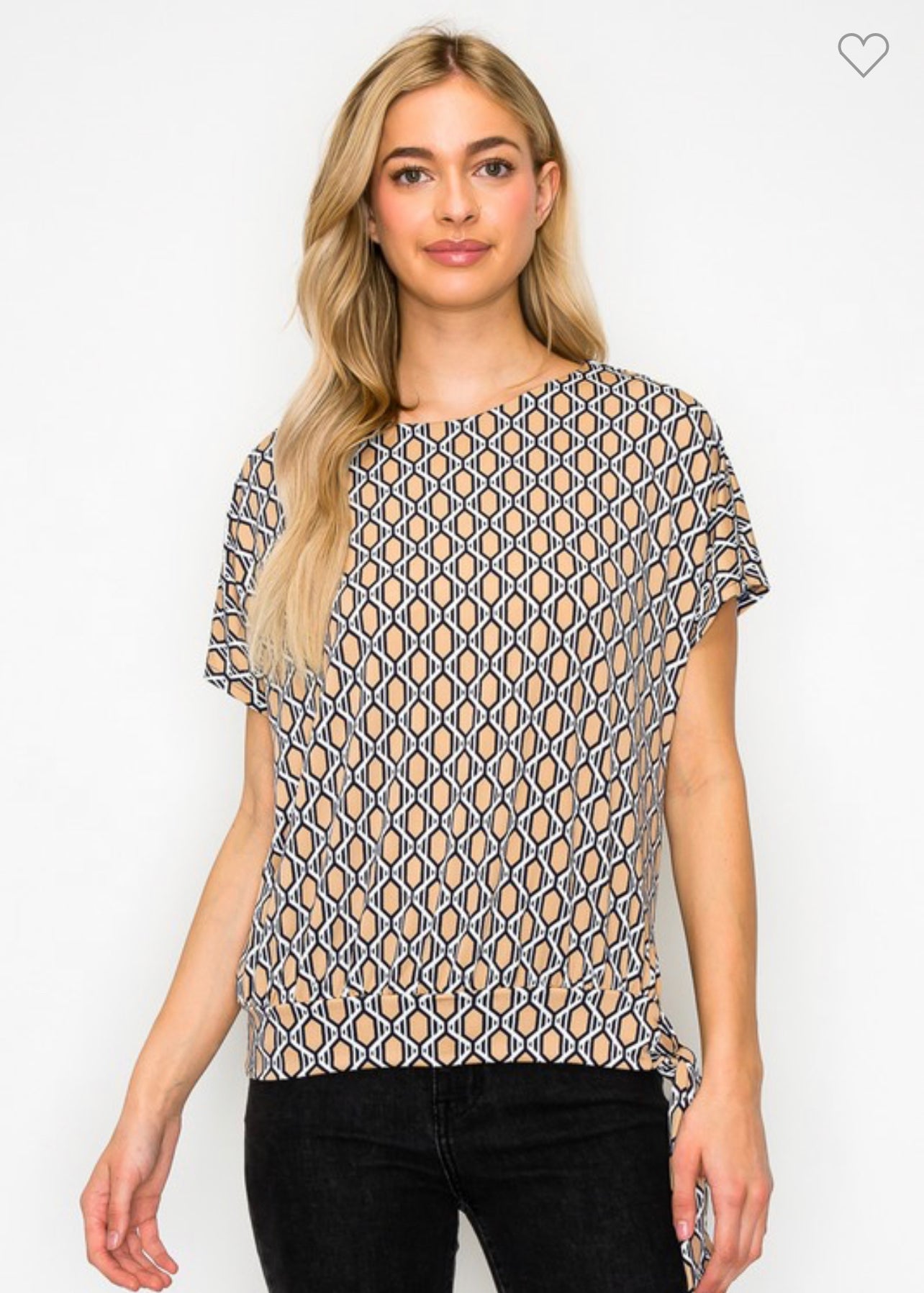 Printed short sleeve banded hem side tie blouse - taupe/ivory