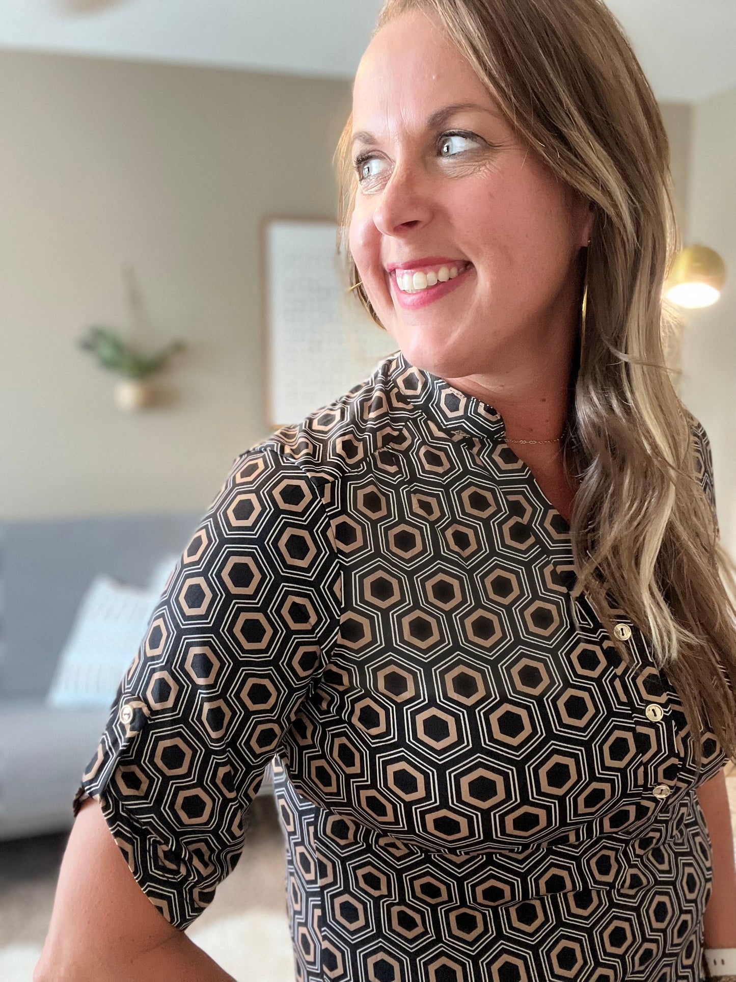 Printed collar button placket short sleeve top - multiple colors