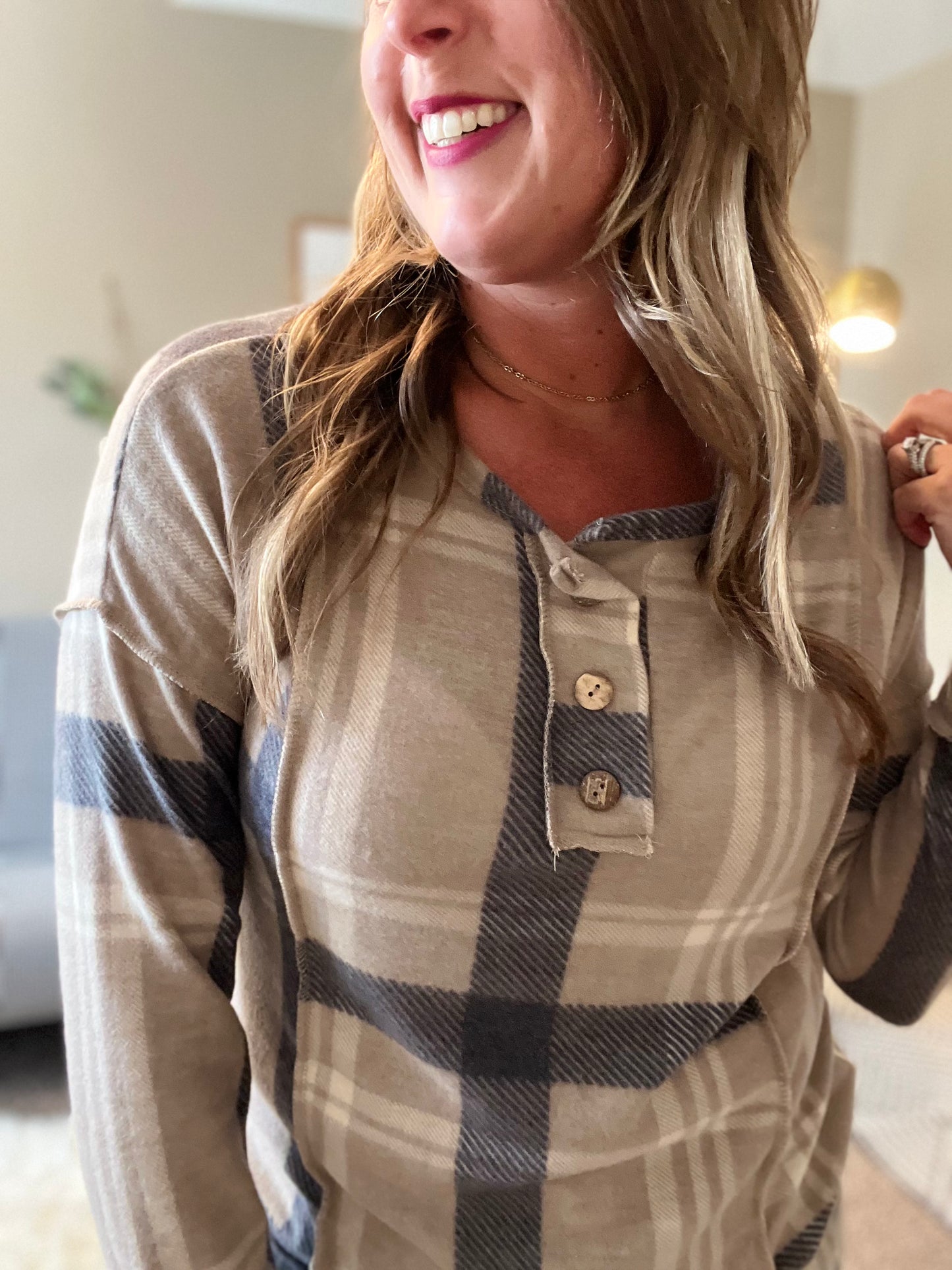 Plaid button front top