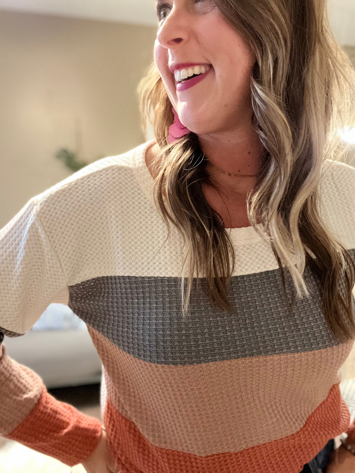 Color block waffle weave top