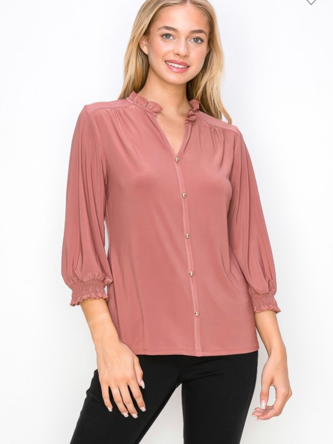 Ruffle neck button front smocked sleeve blouse