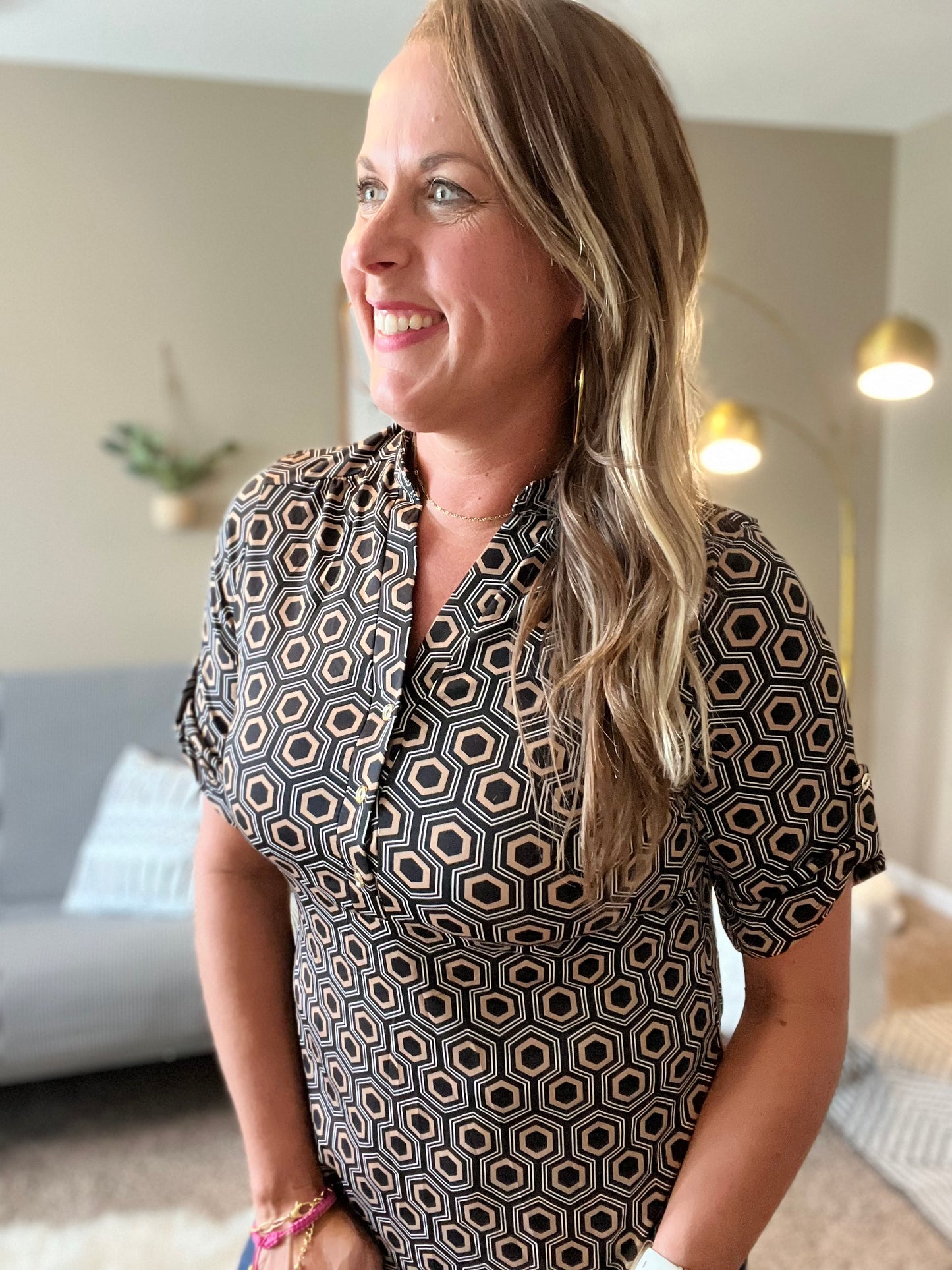 Printed collar button placket short sleeve top - multiple colors