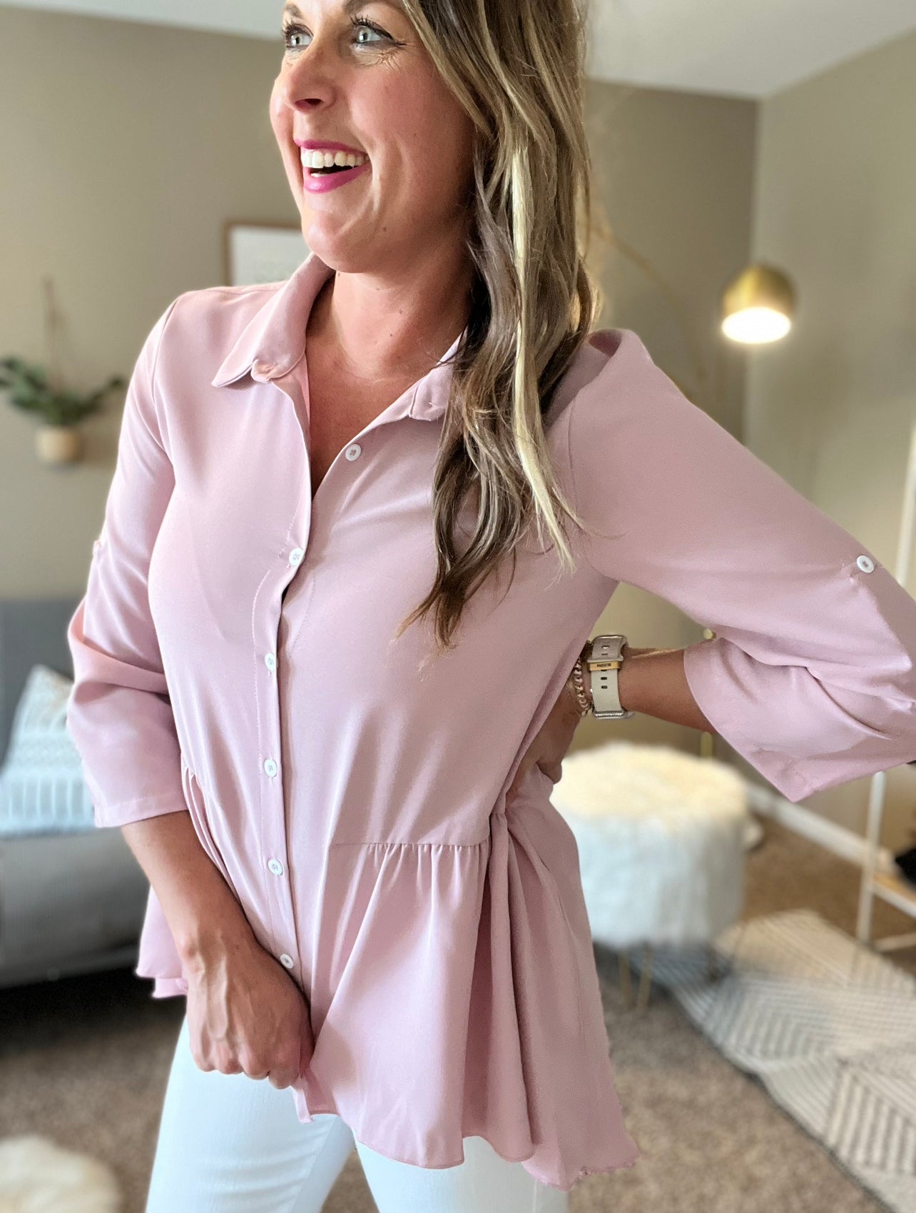 Solid button front ruffle hem blouse