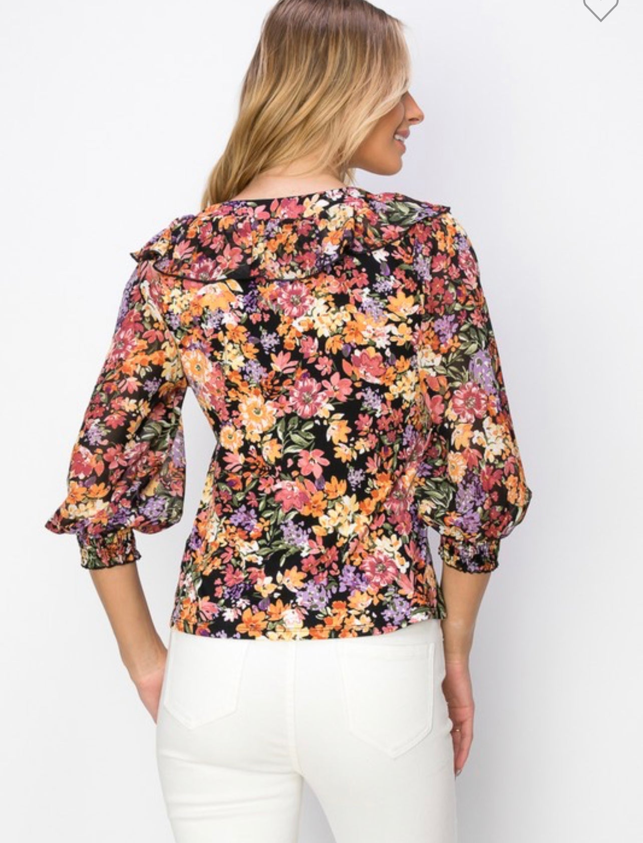 Printed ruffle tie neck blouse