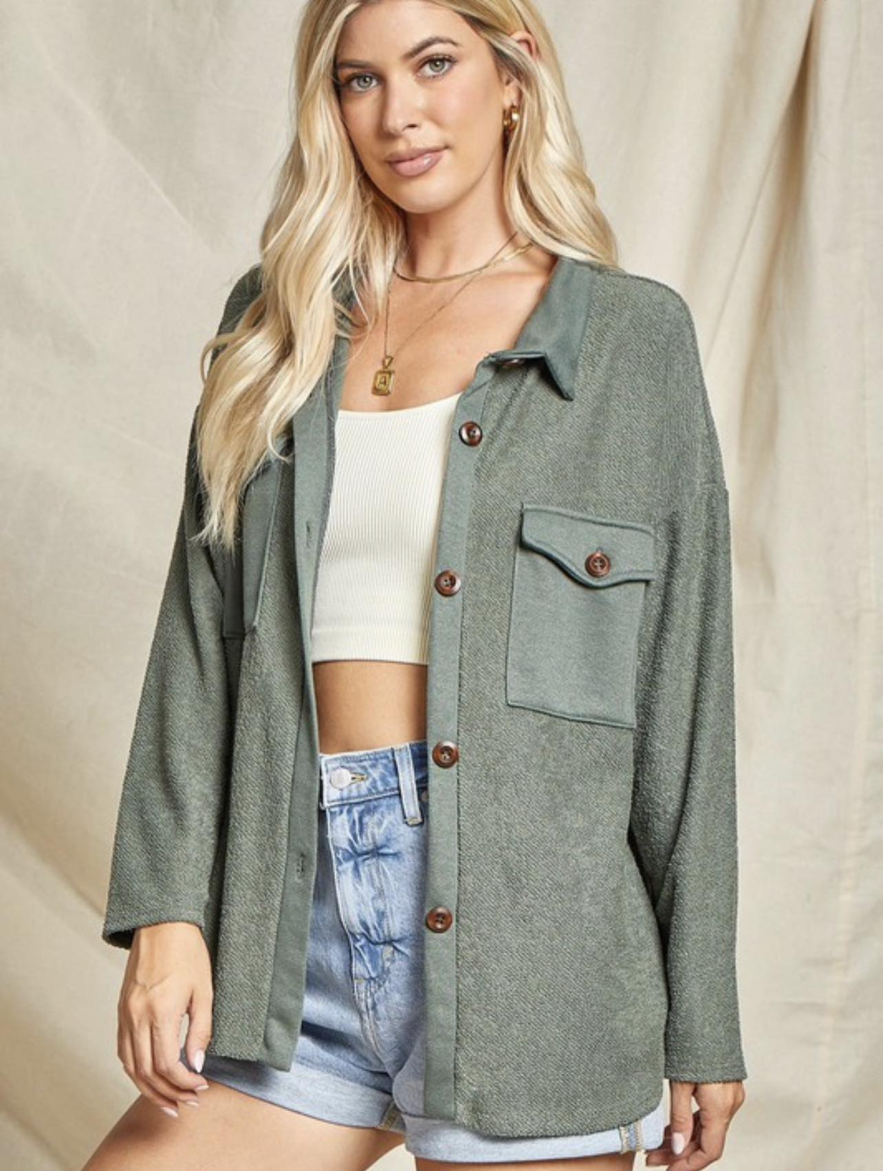 Solid french terry shacket - hunter green