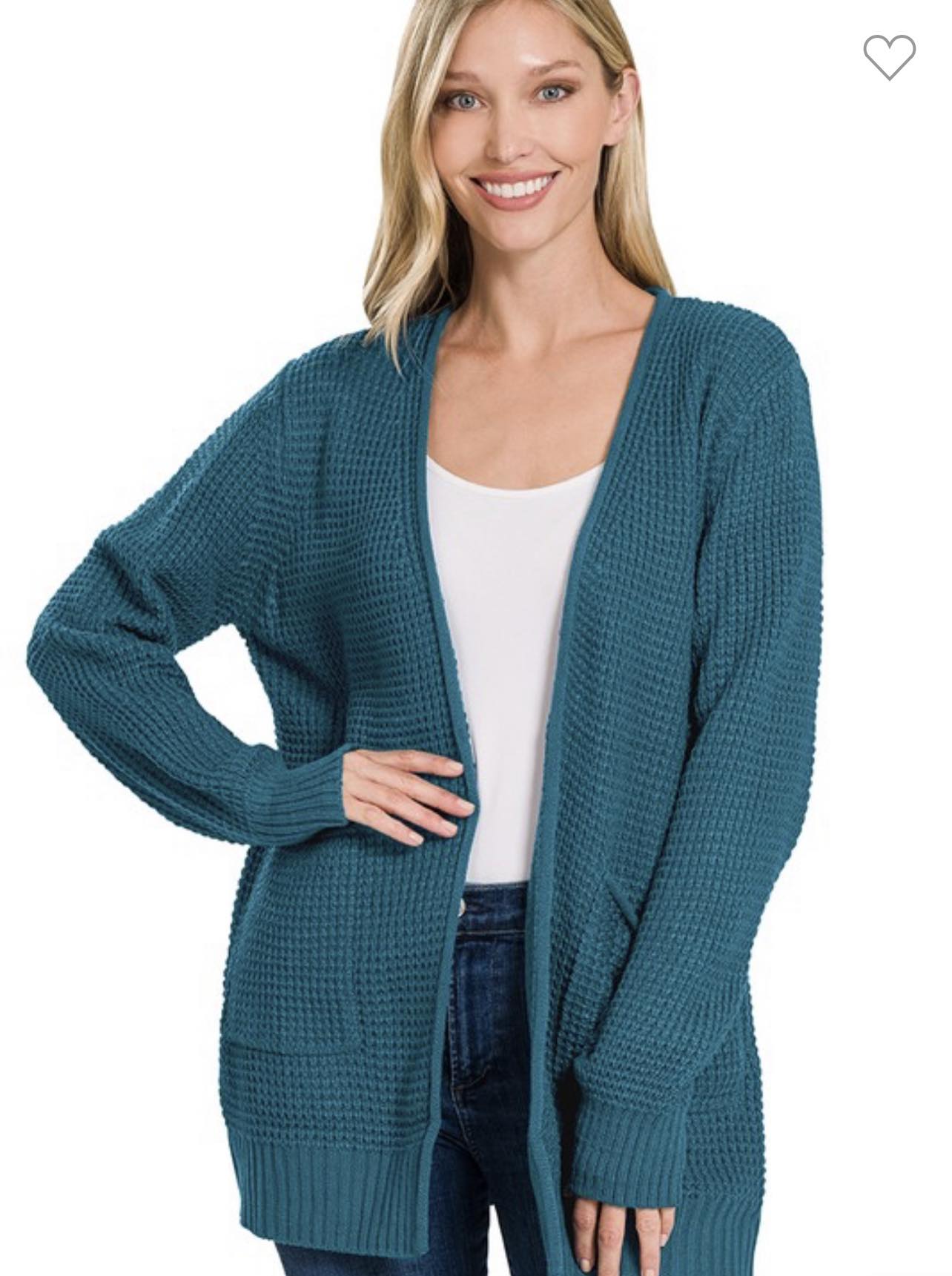 Waffle knit cardigan with front pockets - teal or magenta
