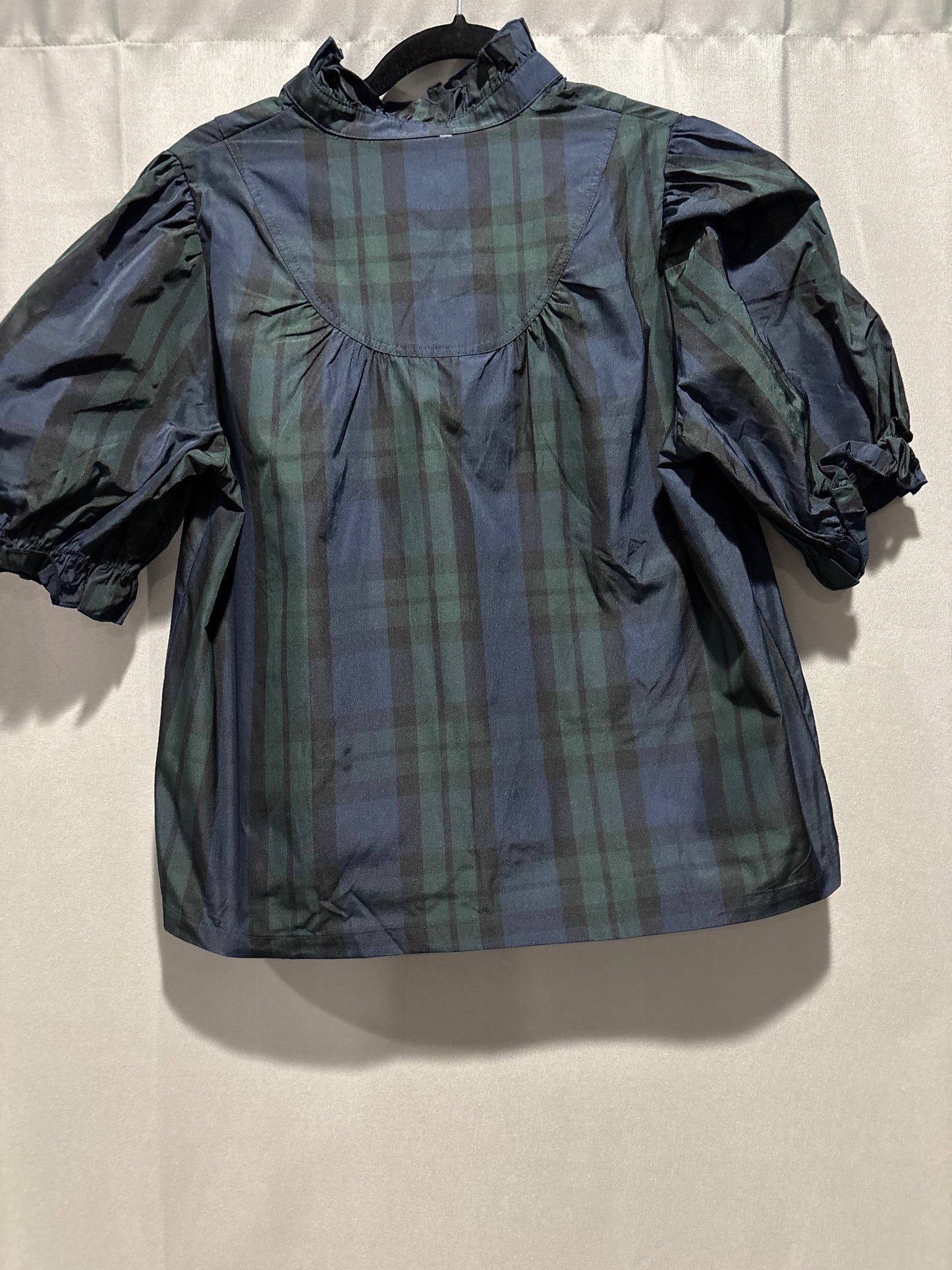 Checkered puff sleeve frill trim blouse