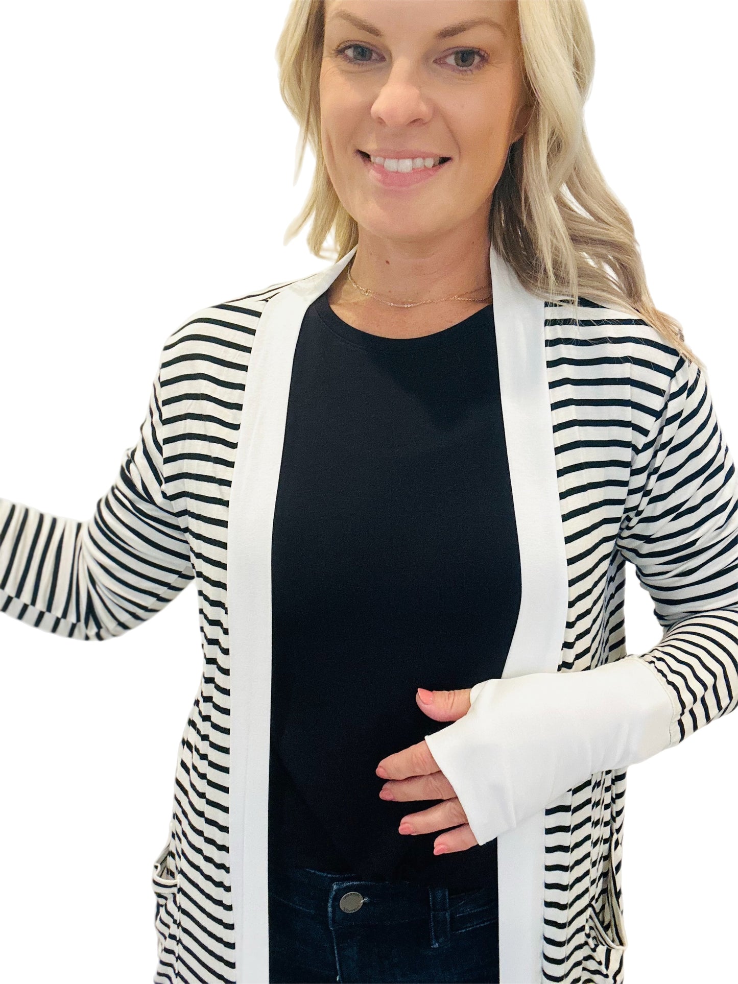 Stripe open midi cardigan with sample white/Black stripe
