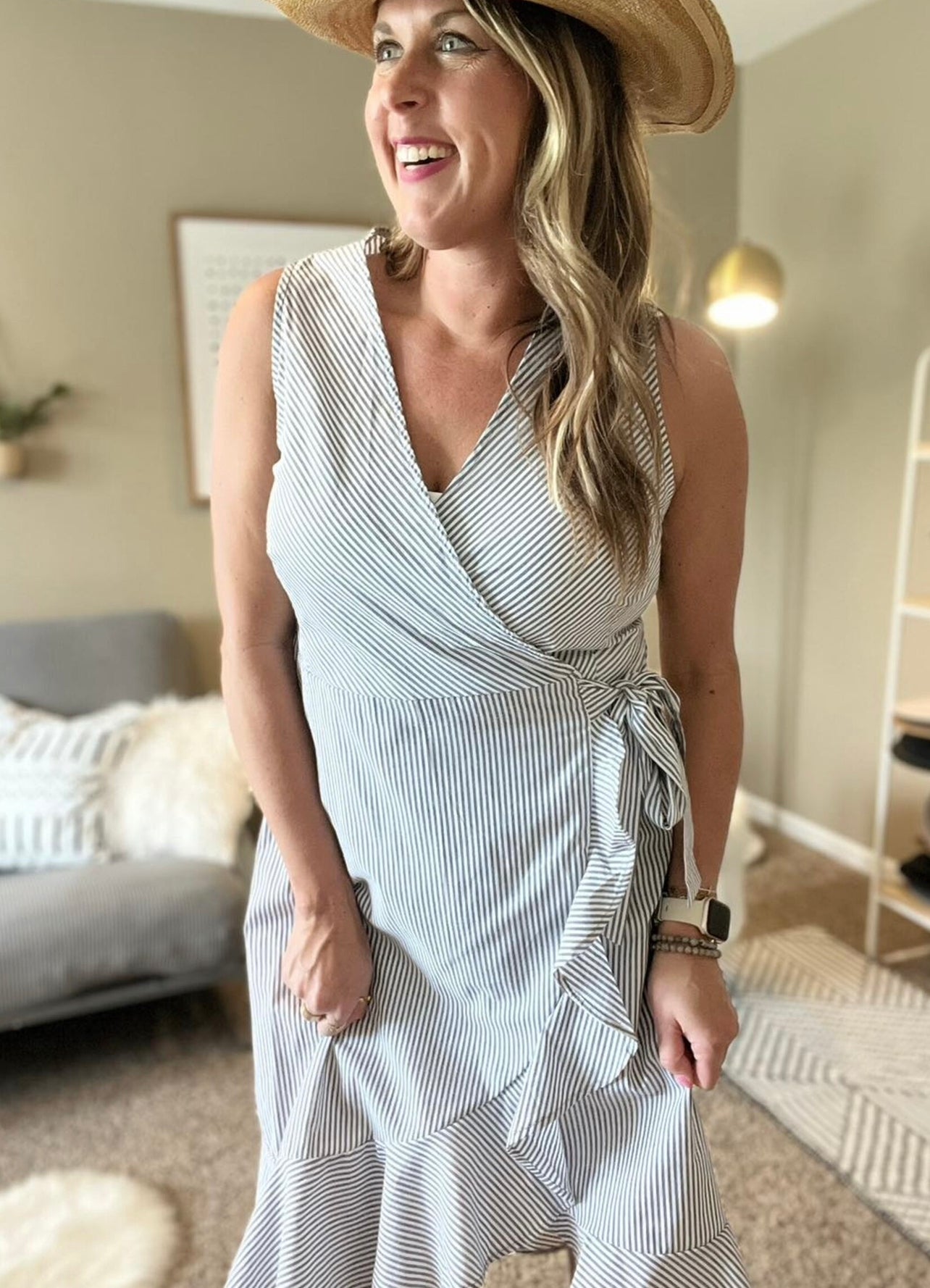 V neck wrap dress with ruffle asymmetrical hem