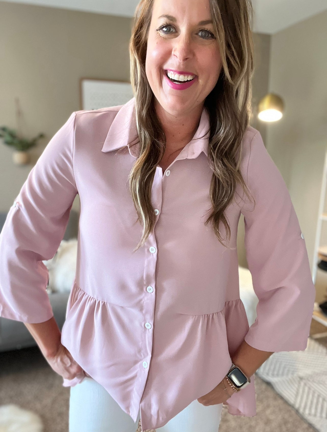 Solid button front ruffle hem blouse
