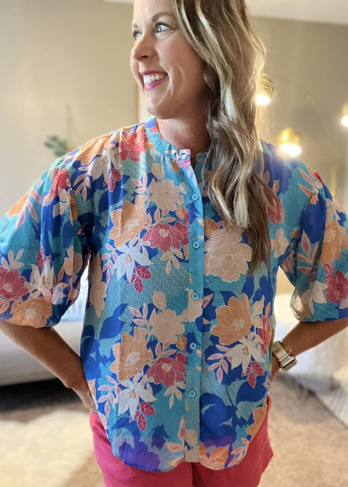Floral print balloon sleeve blouse