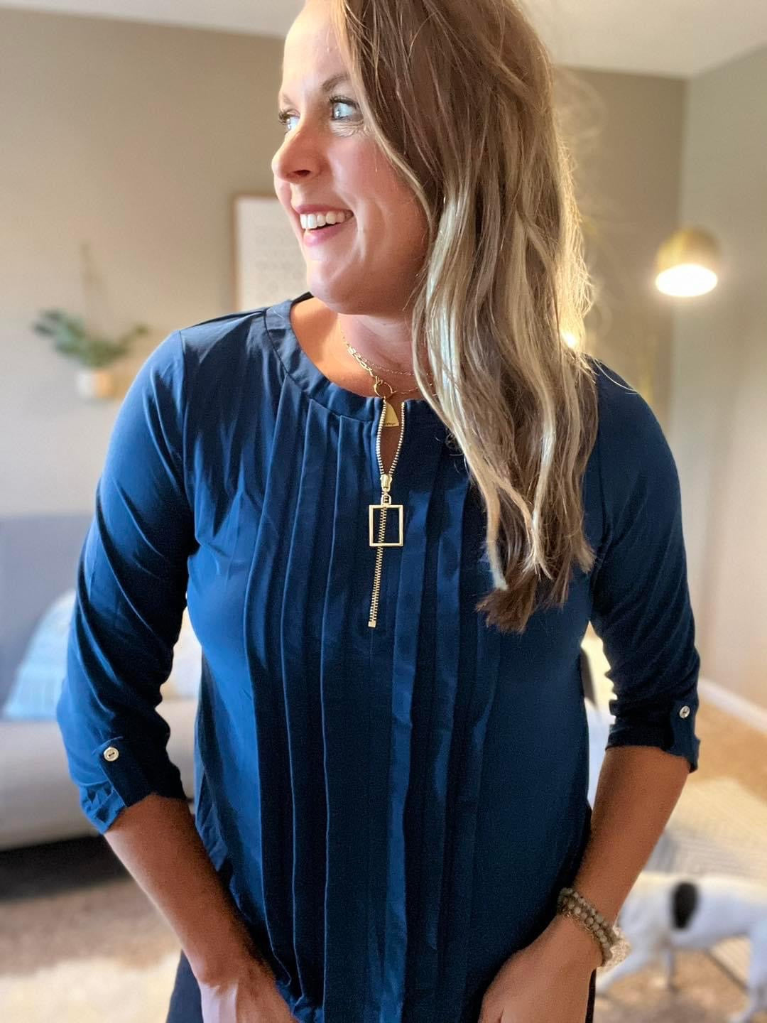 Square ring zipper pleated top - teal