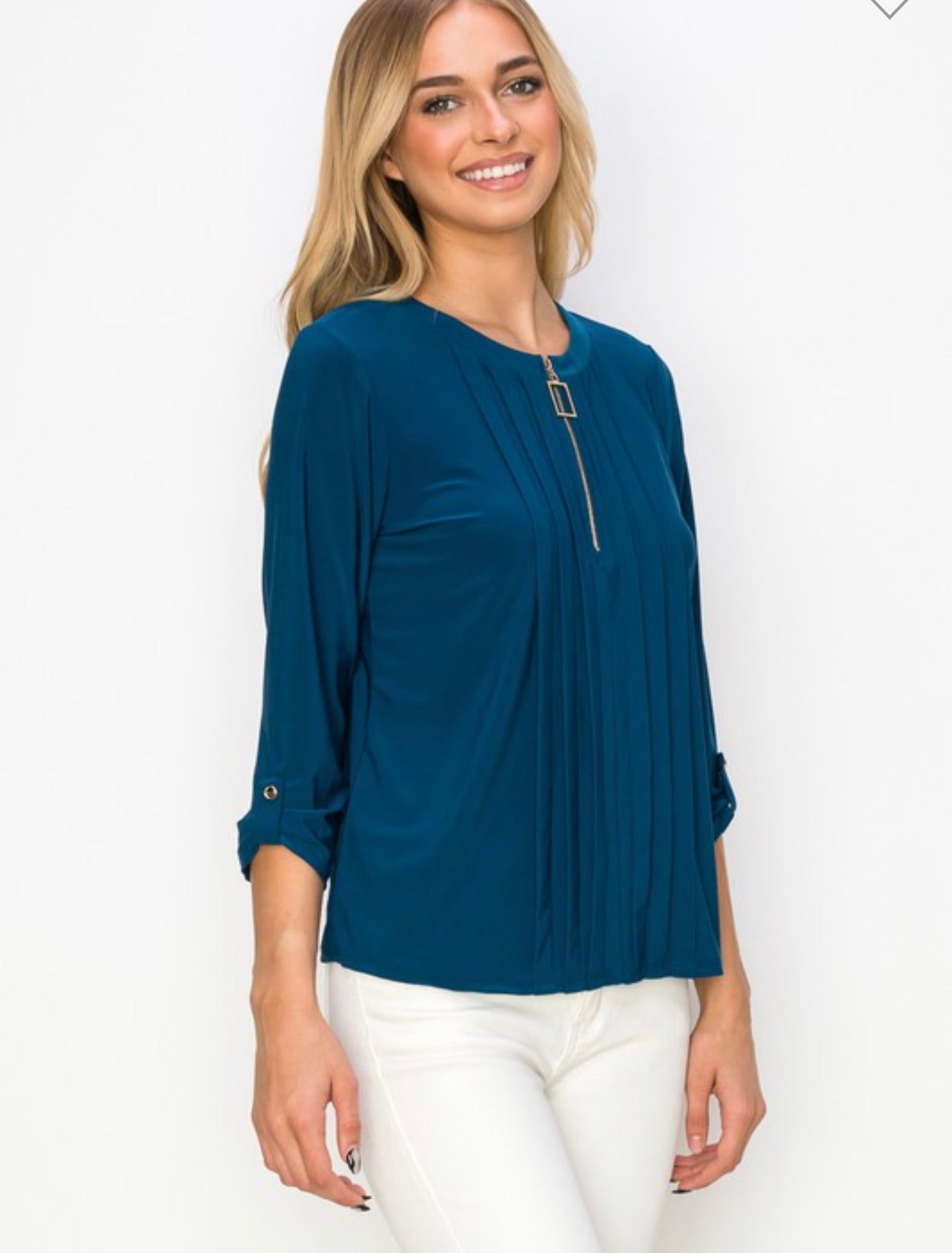 Square ring zipper pleated top - teal