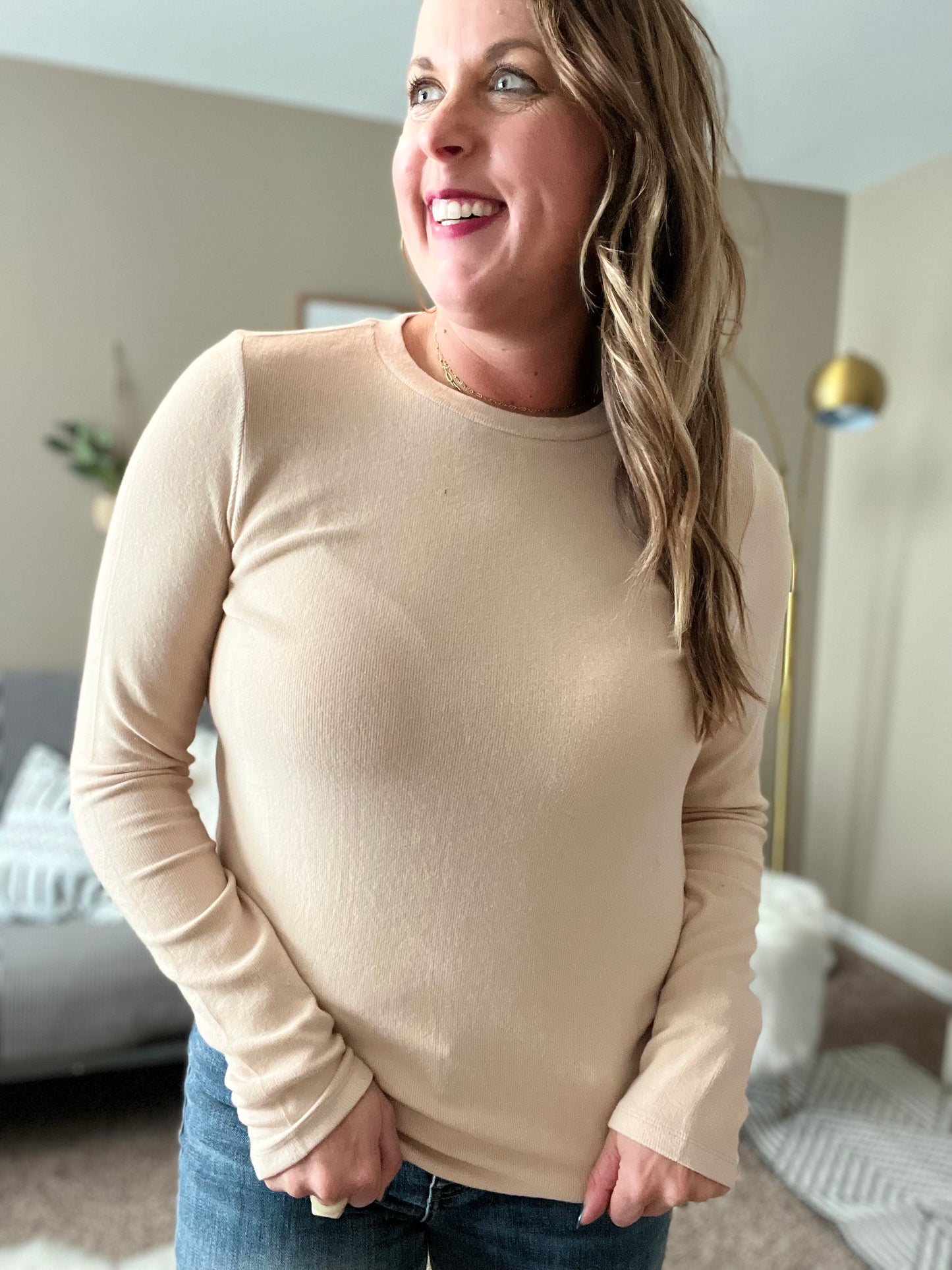 Brushed round neck knit top