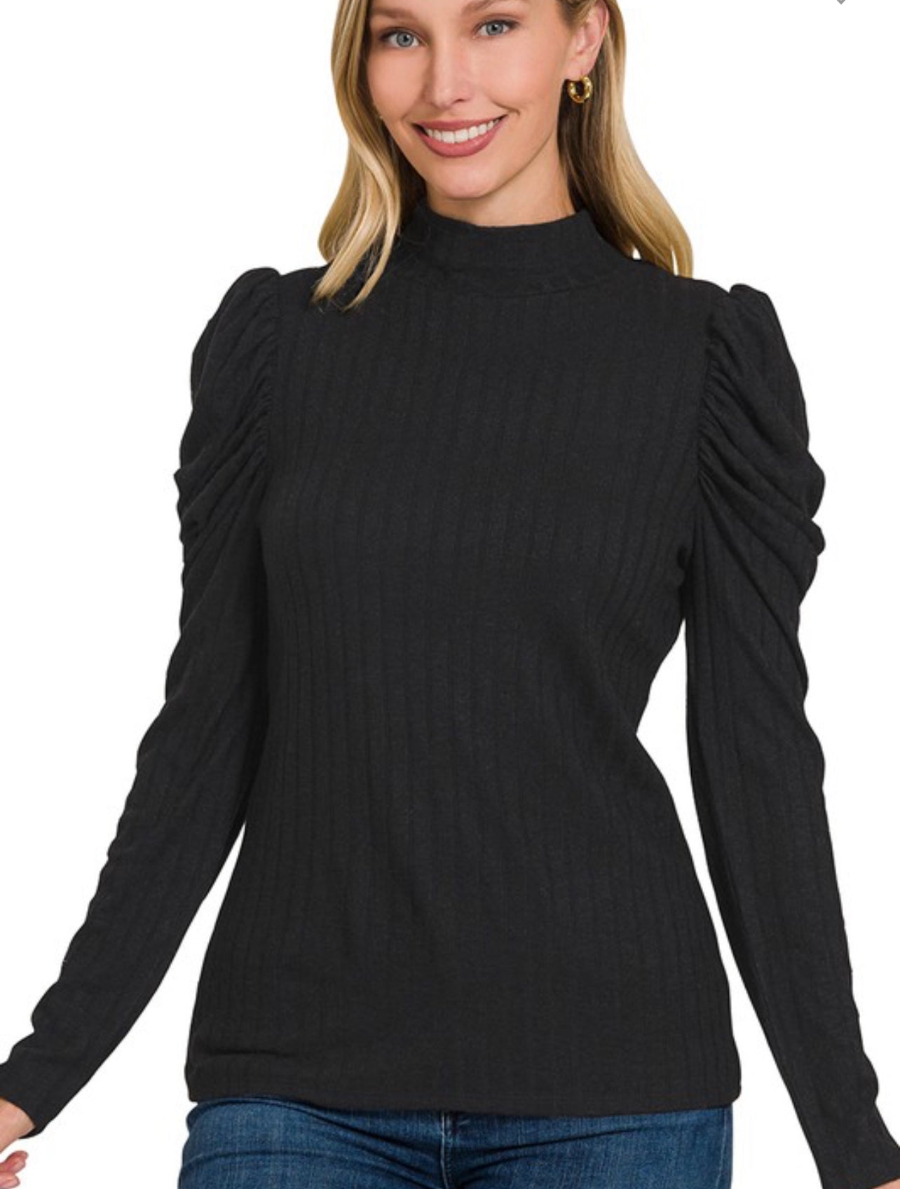 Ribbed mock neck puff long sleeve top
