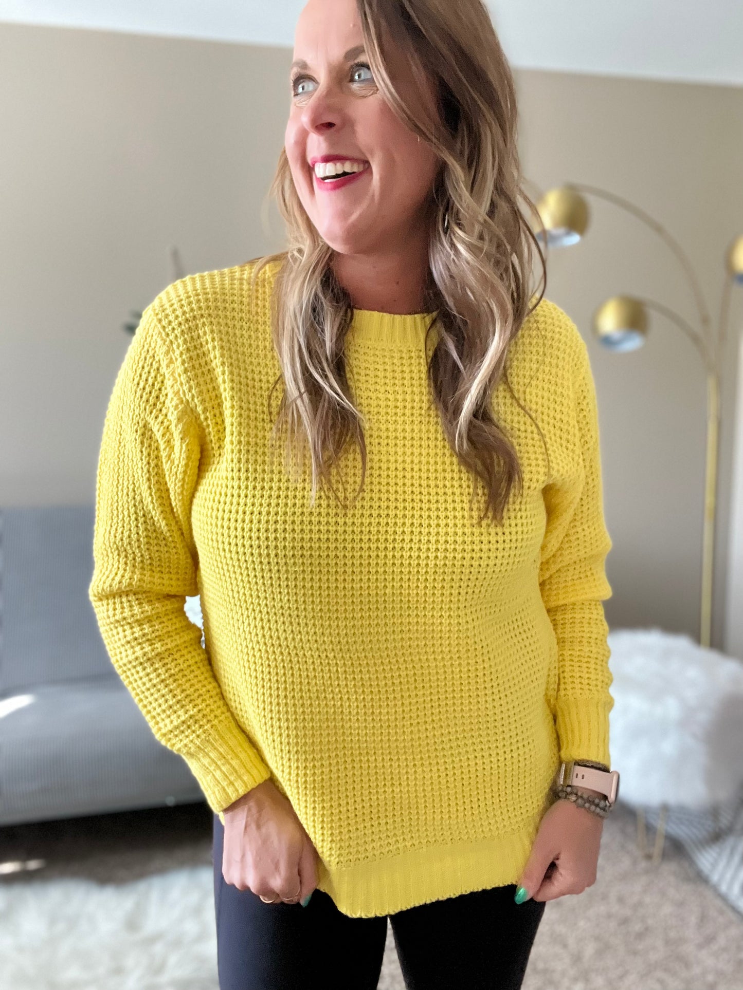 Hi-low waffle sweater- yellow