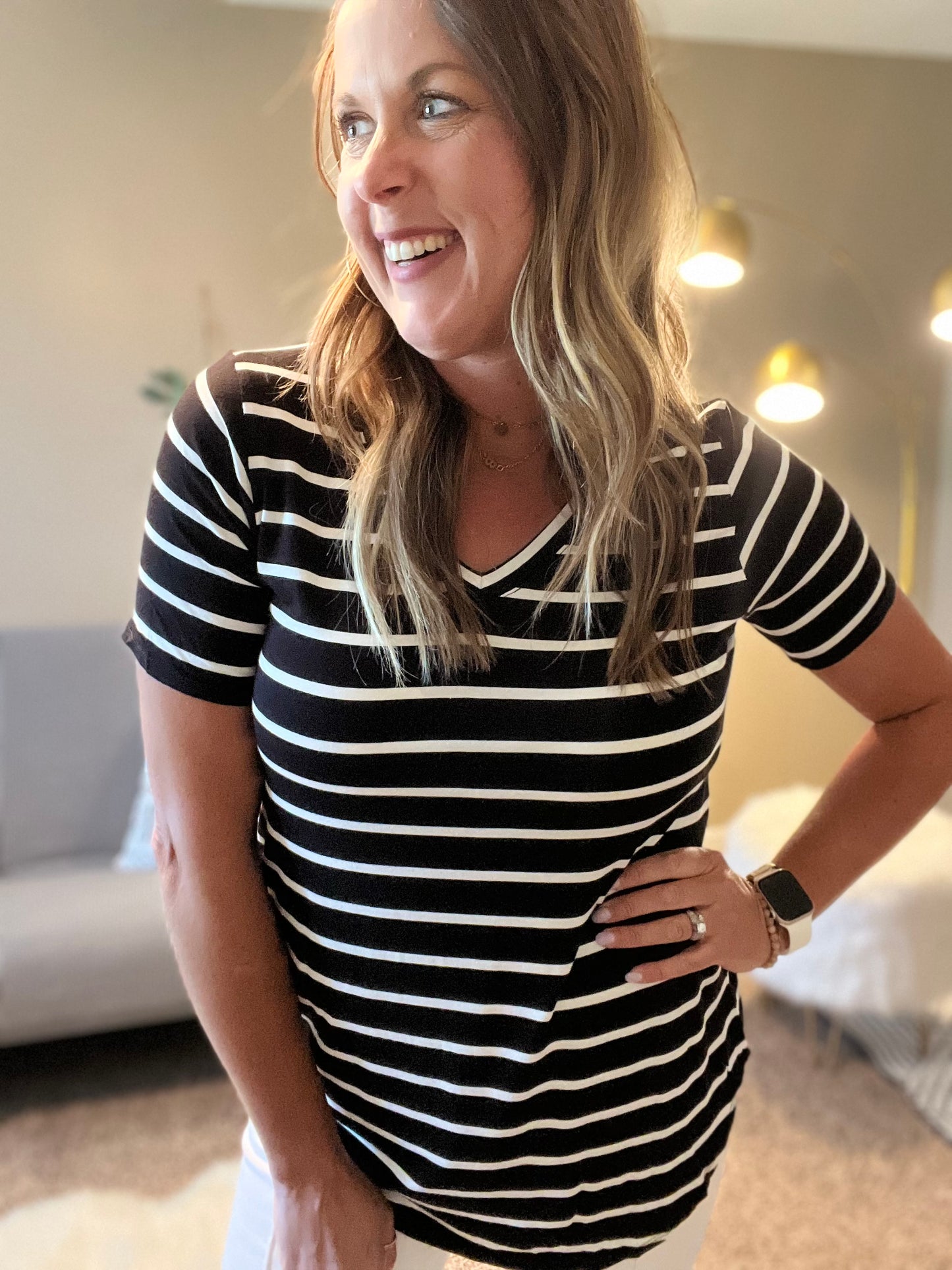 Stripe v neck short sleeve top - lt green or black