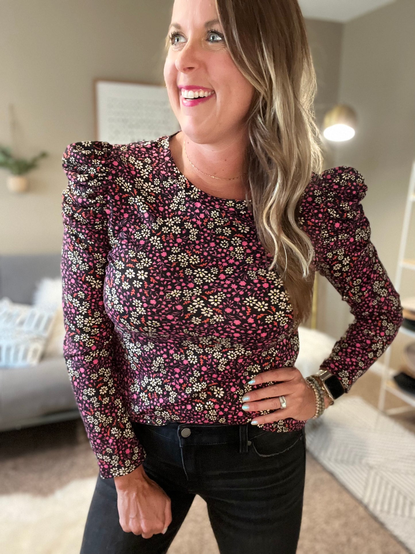 Long puff sleeve print top black/purple