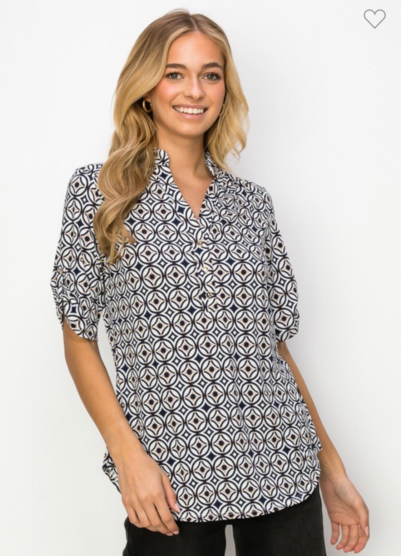 Printed collar button placket short sleeve top - multiple colors