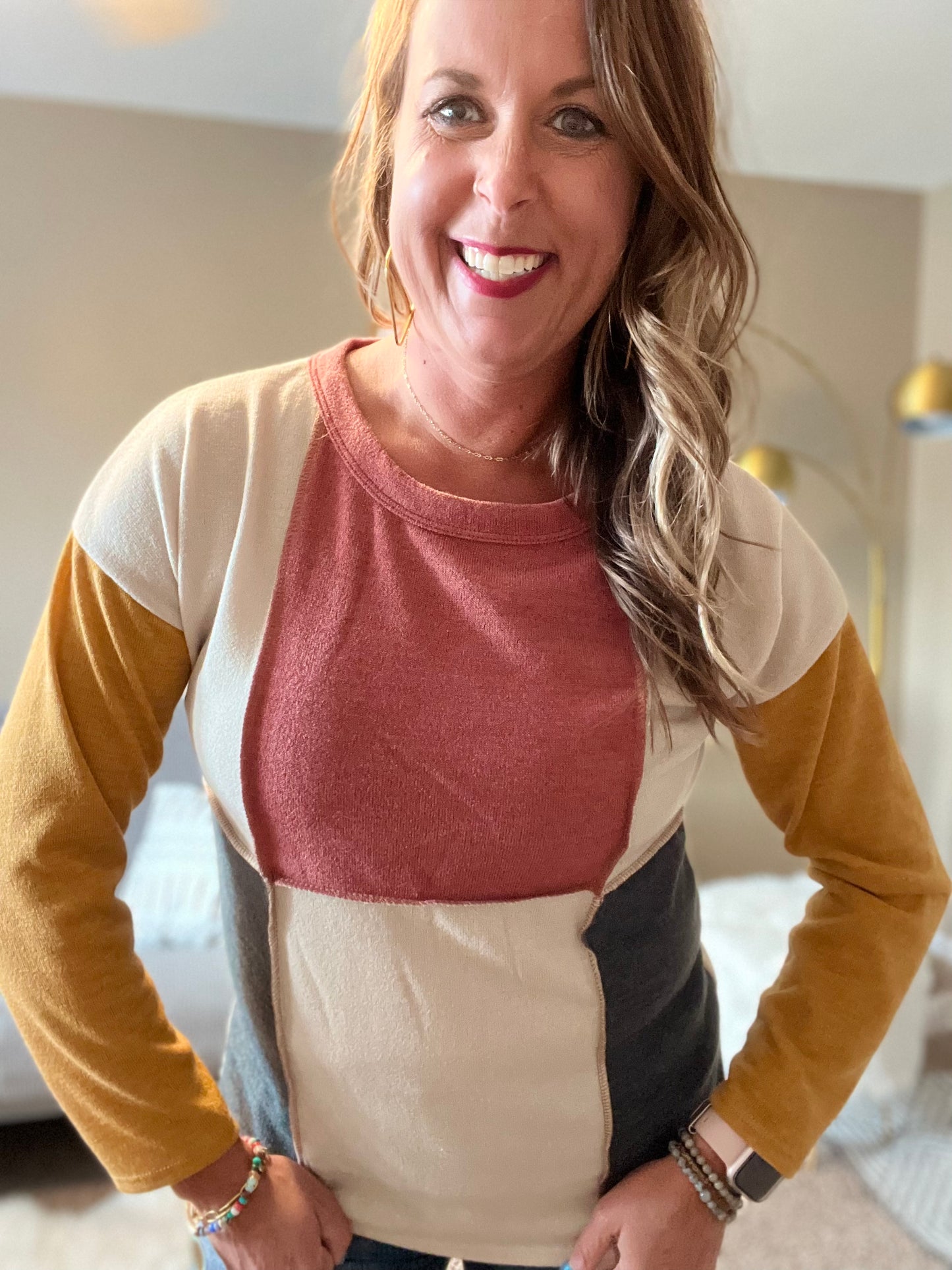 color block top rust/olive/mustard