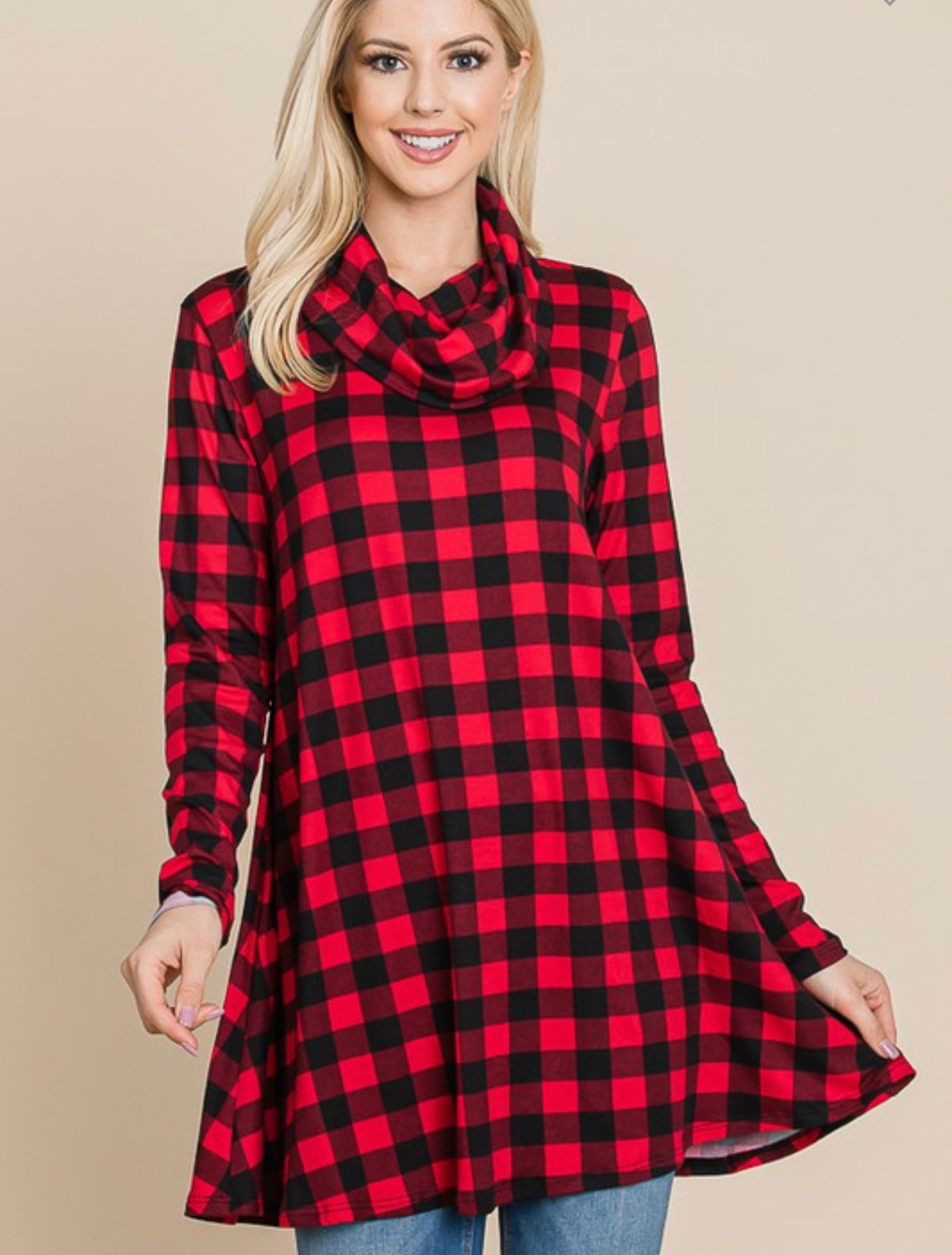 Red check cowl neck tunic