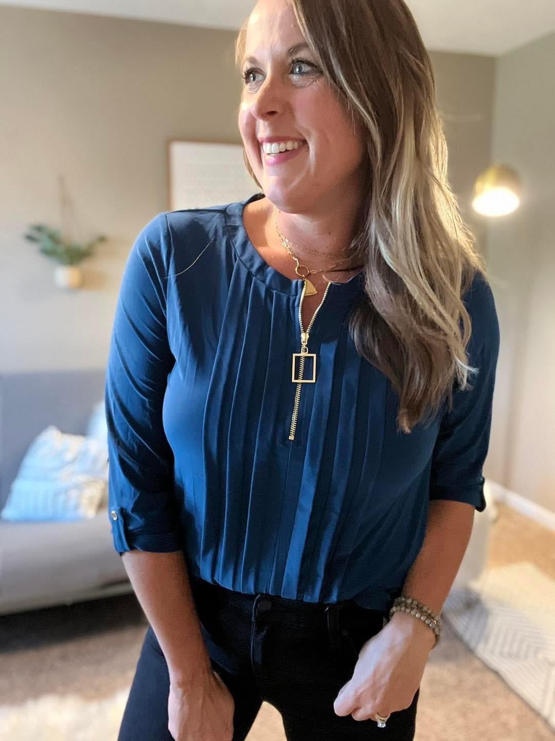 Square ring zipper pleated top - teal