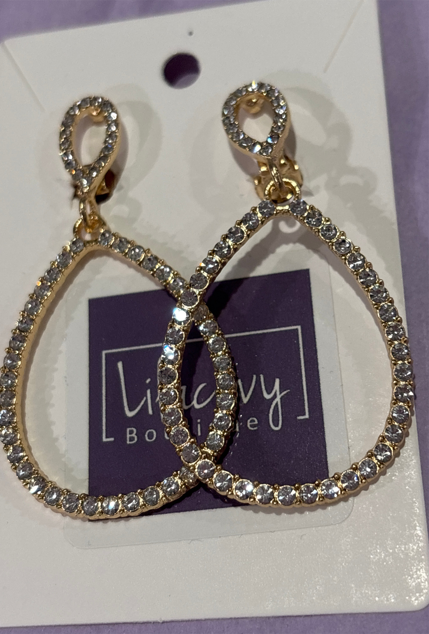 Rhinestone oval drop earrings, clip on