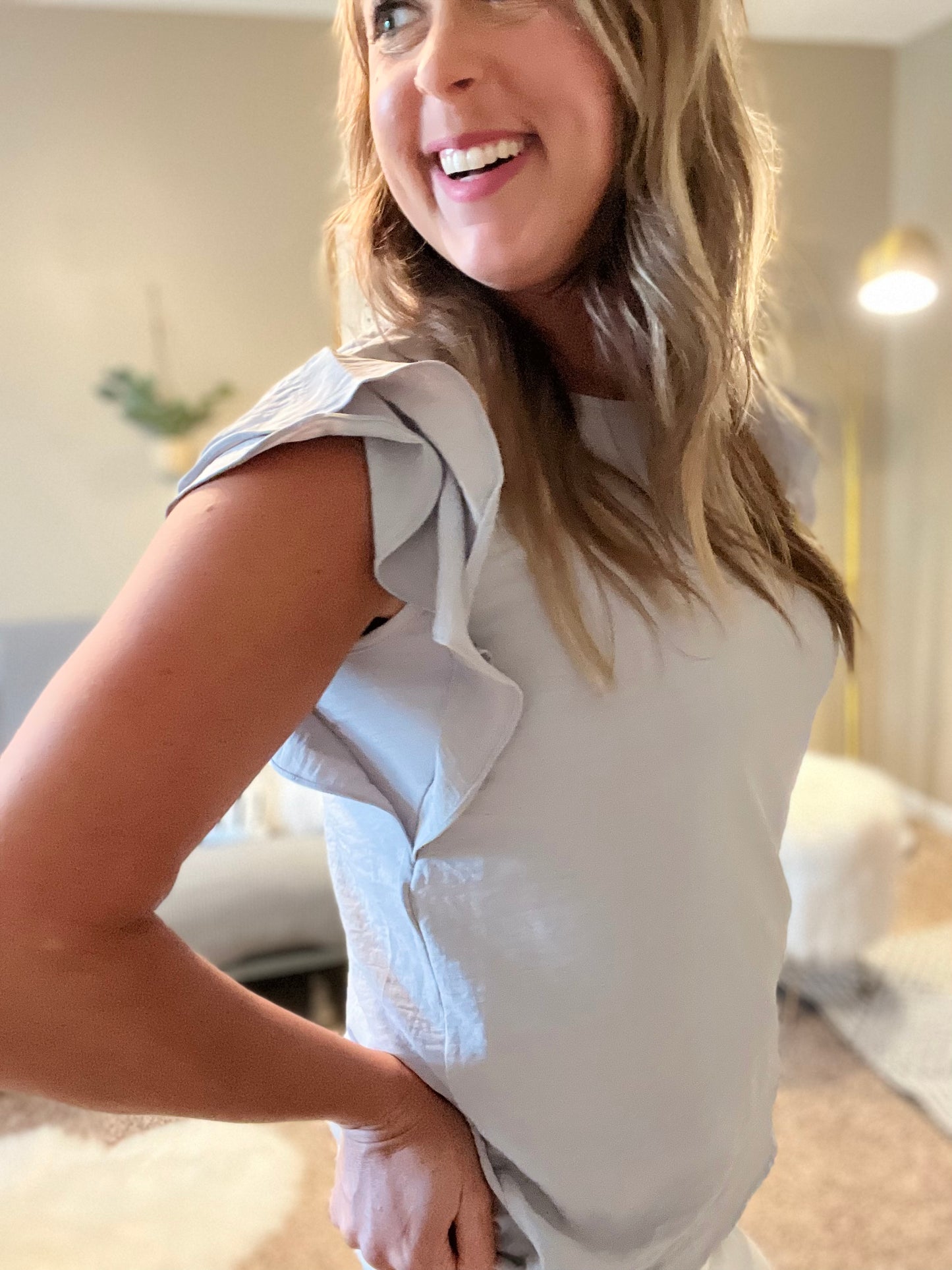 Silver Ruffle Sleeve Blouse