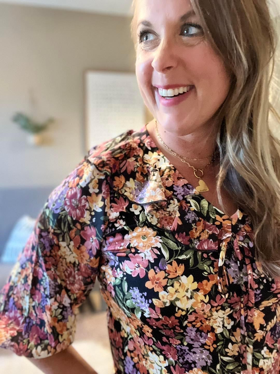Printed ruffle tie neck blouse