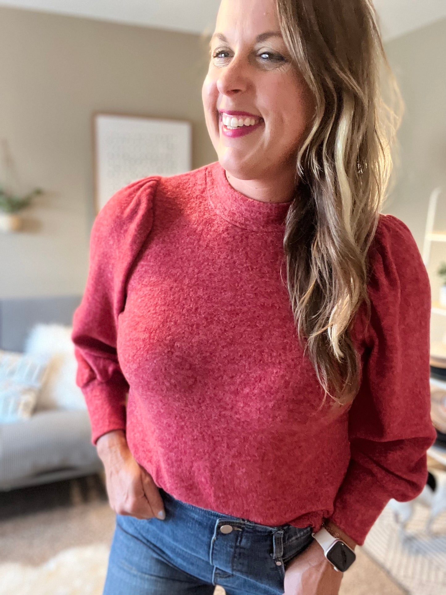 Puffed sleeve, mock neck sweater-dark red/vivid magenta