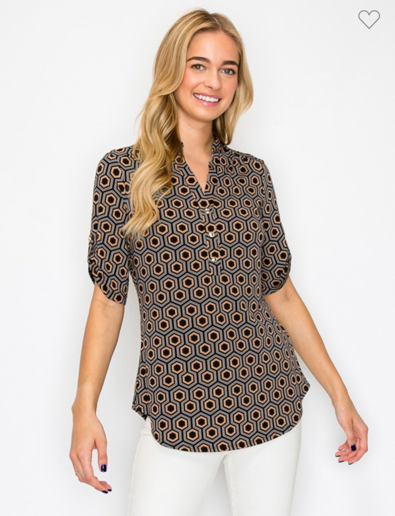 Printed collar button placket short sleeve top - multiple colors