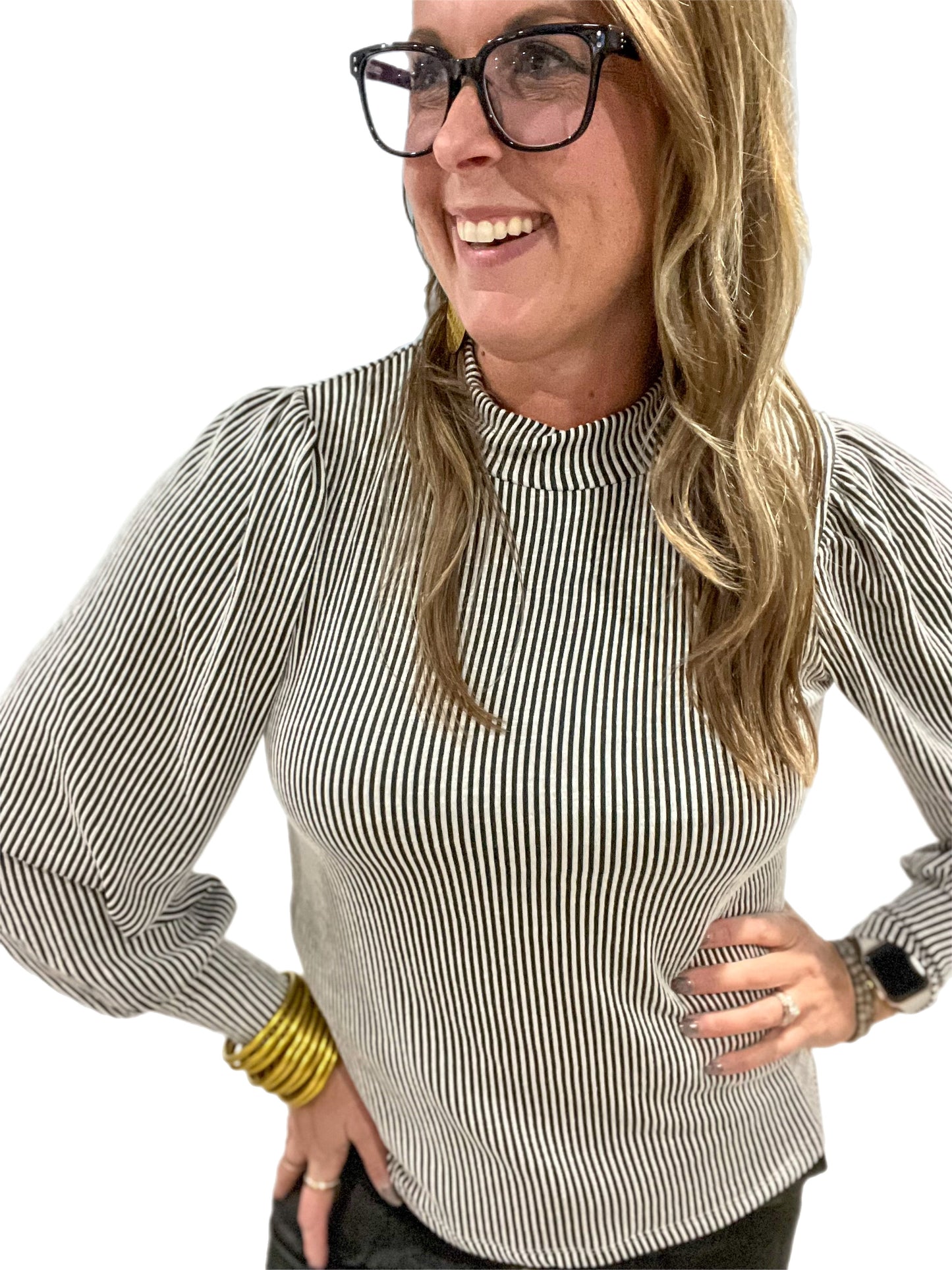 Ribbed mock neck puff long sleeve top
