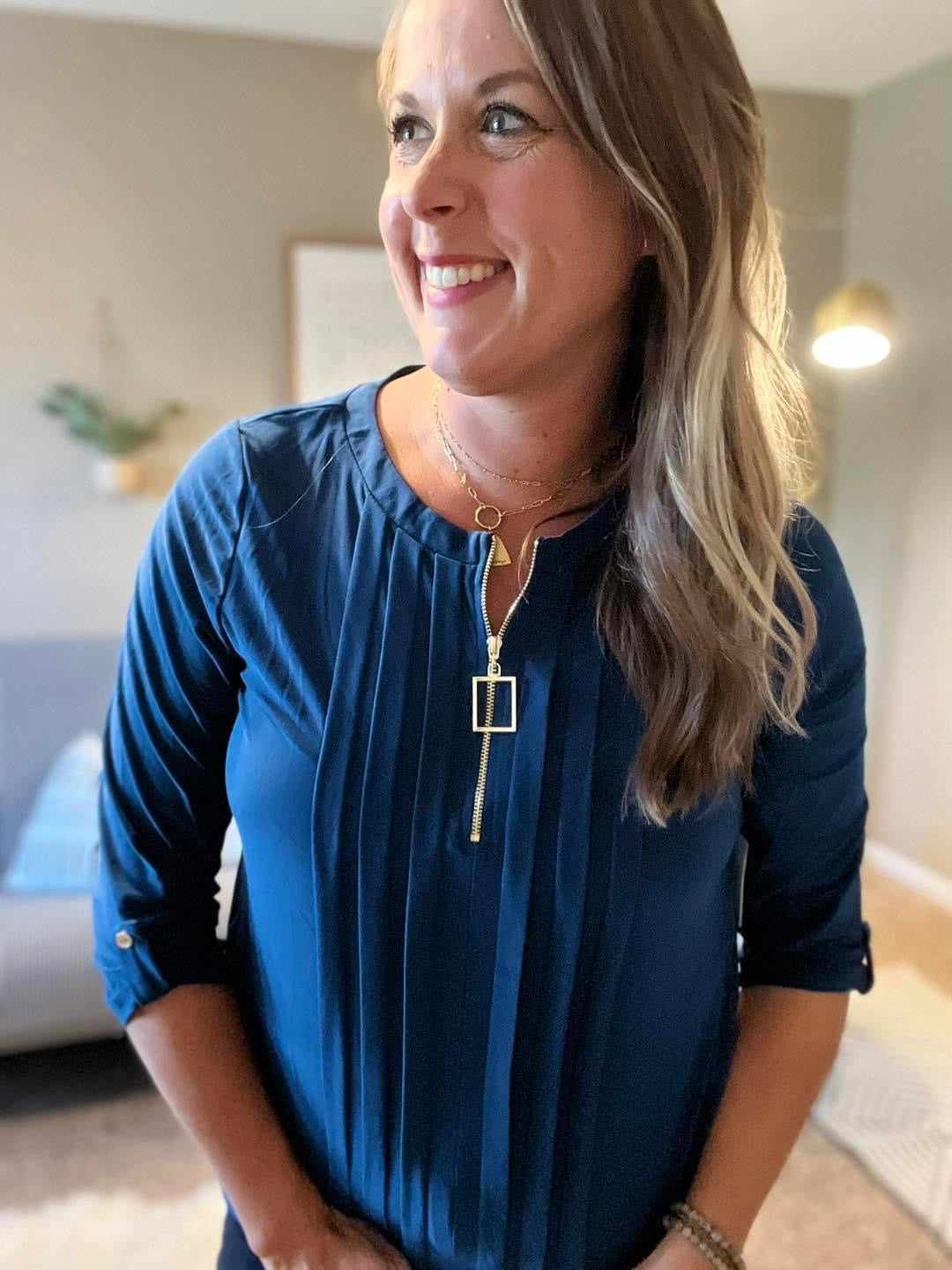 Square ring zipper pleated top - teal