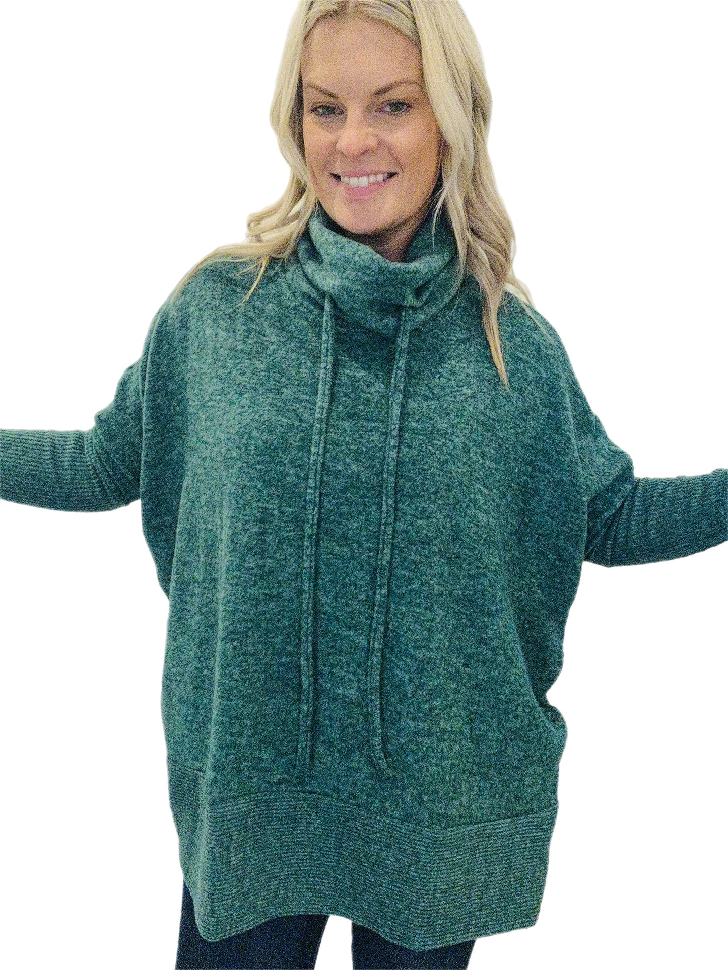 Cowl neck, dolman sleeve sweater, dark green