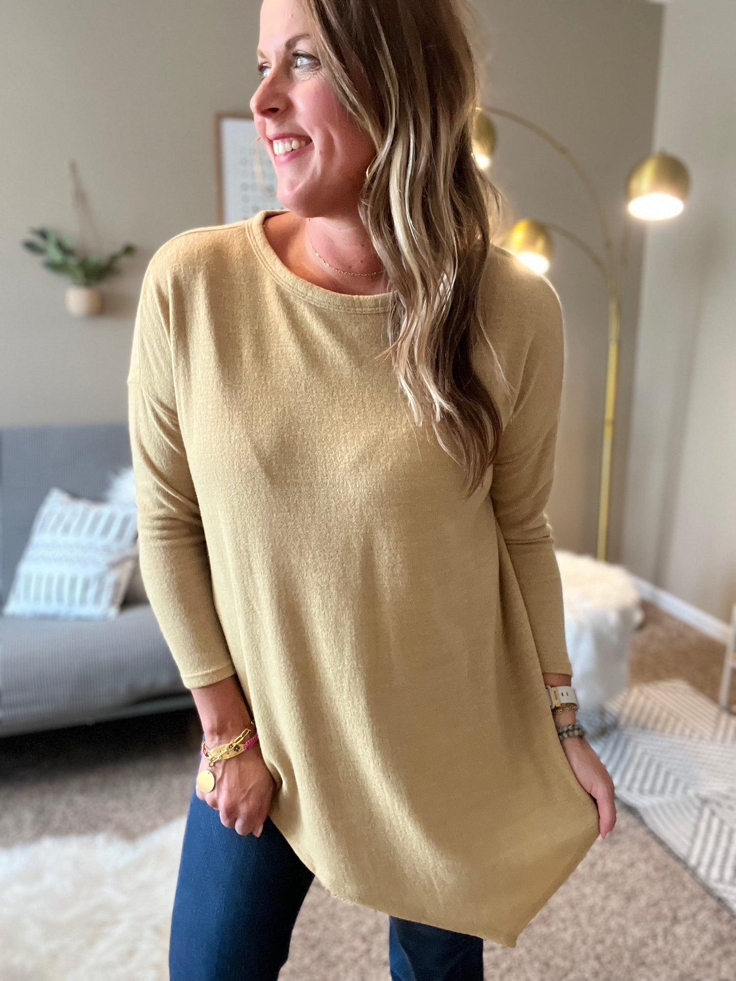 Two tone brushed sweater top with asymmetrical hem - mustard