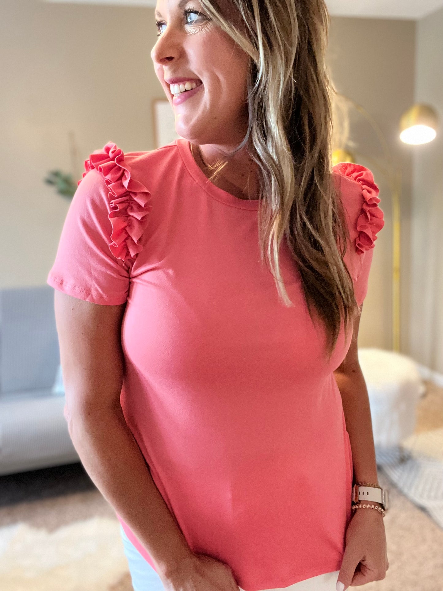 Solid top with ruffled sleeves-coral