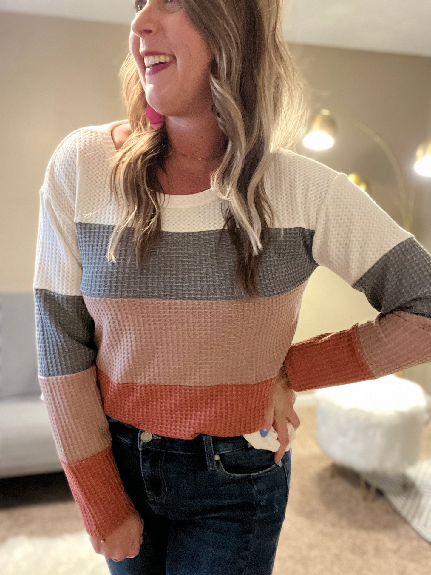 Color block waffle weave top