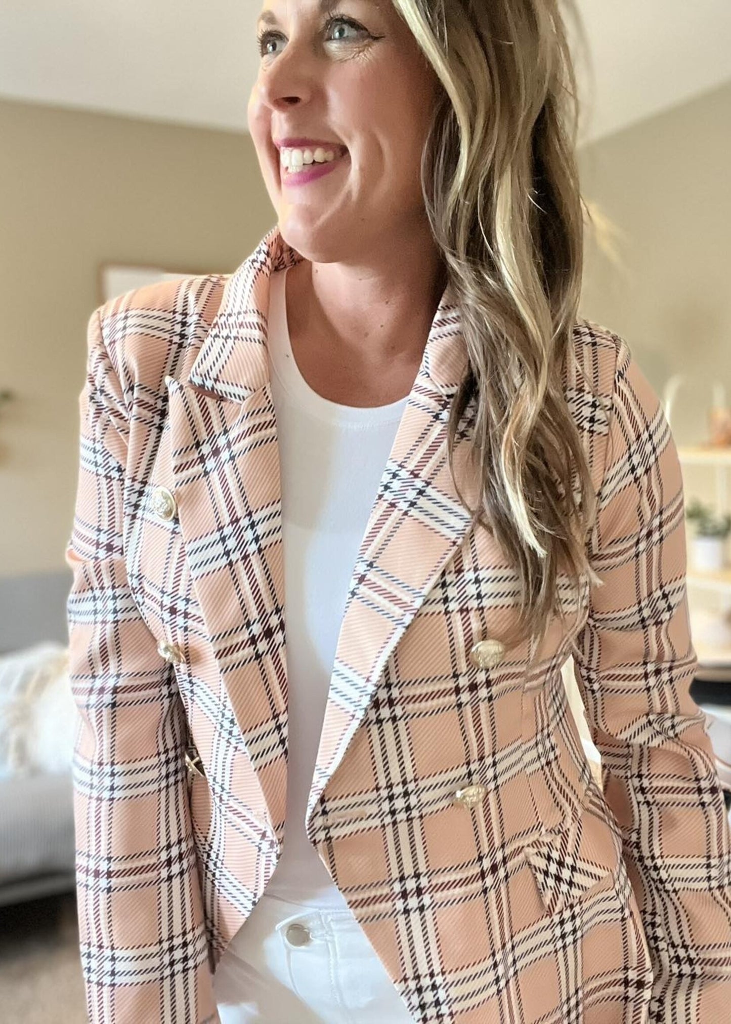 Plaid print blazer with double breast buttons
