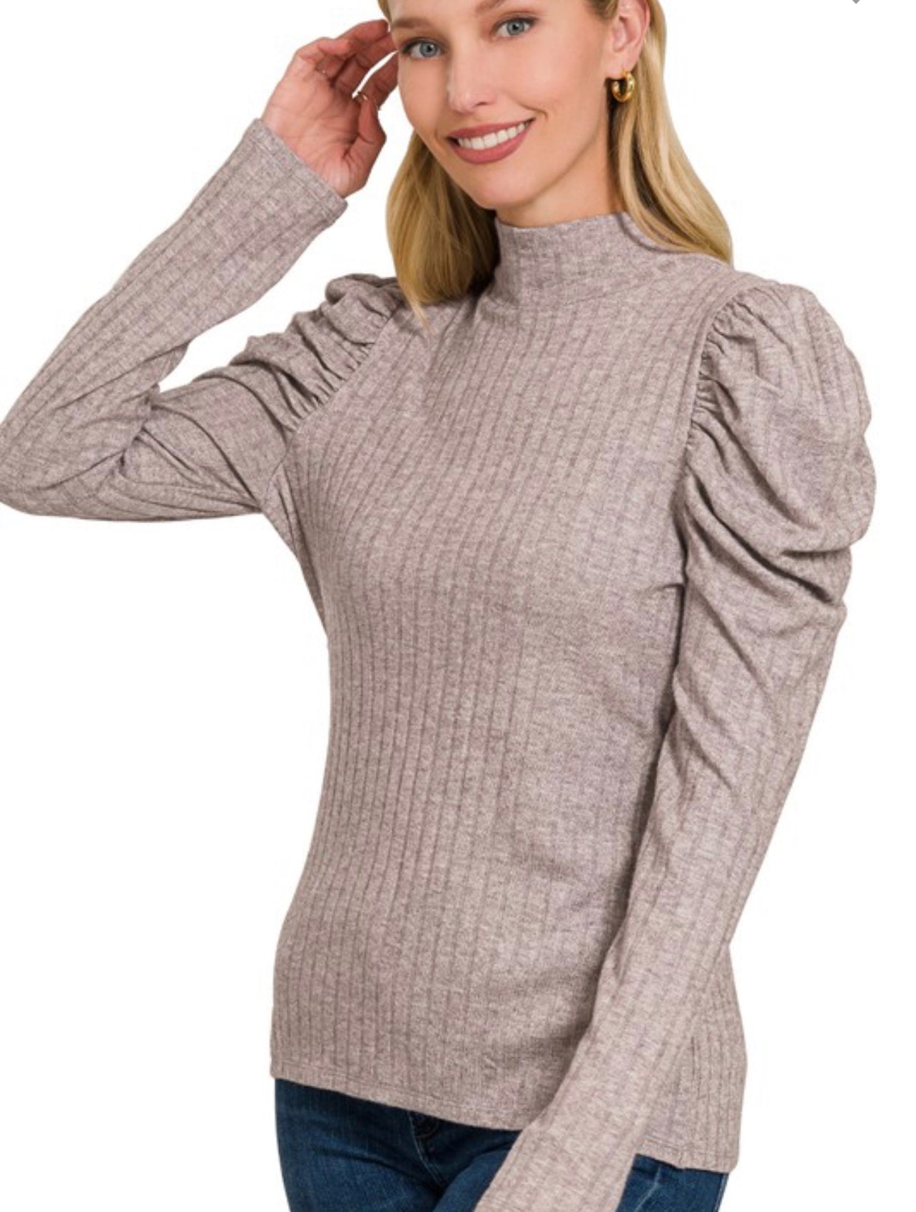 Ribbed mock neck puff long sleeve top