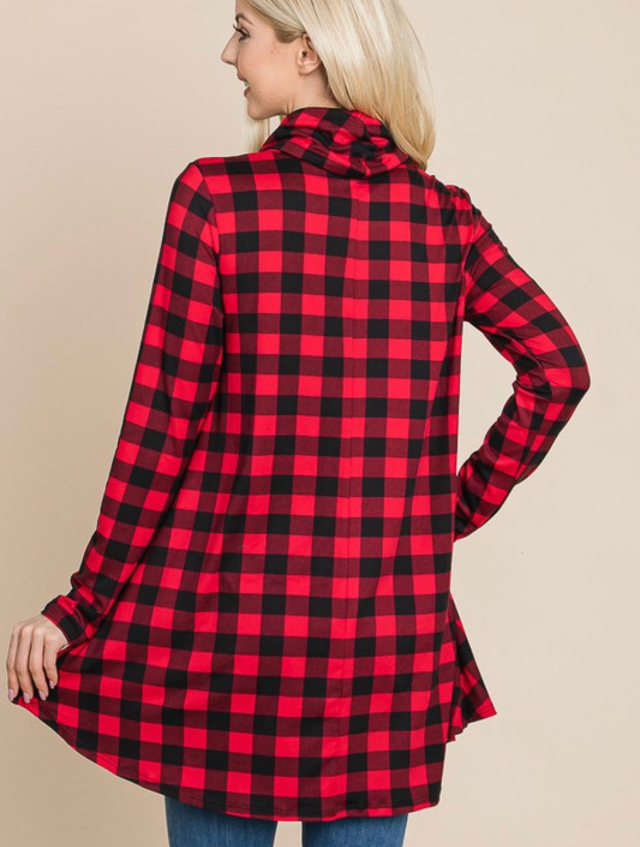 Red check cowl neck tunic